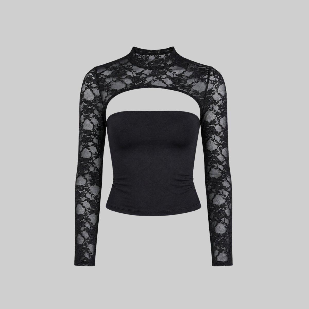 Flat lay studio shot of a black fitted women's top with sheer lace long sleeves, high neck, and front bust cutout.