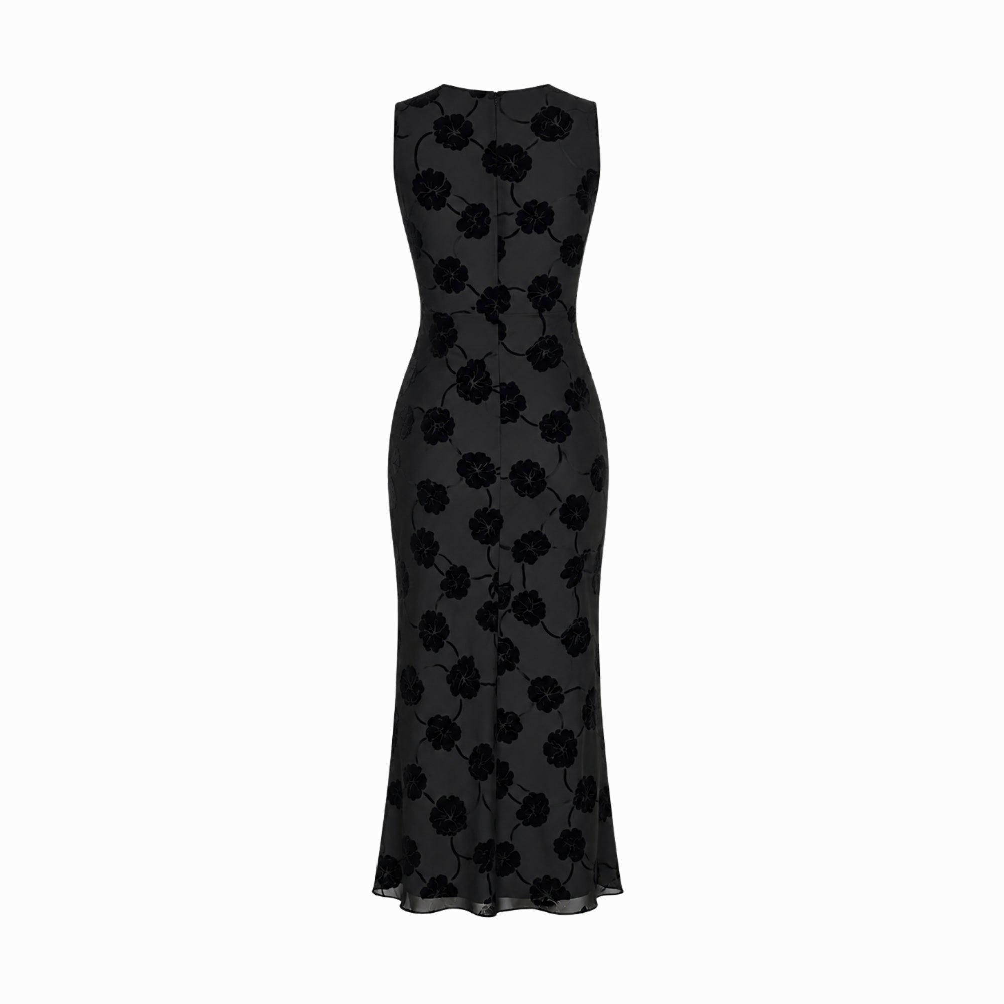 Flat lay back view of black sleeveless trumpet silhouette evening dress