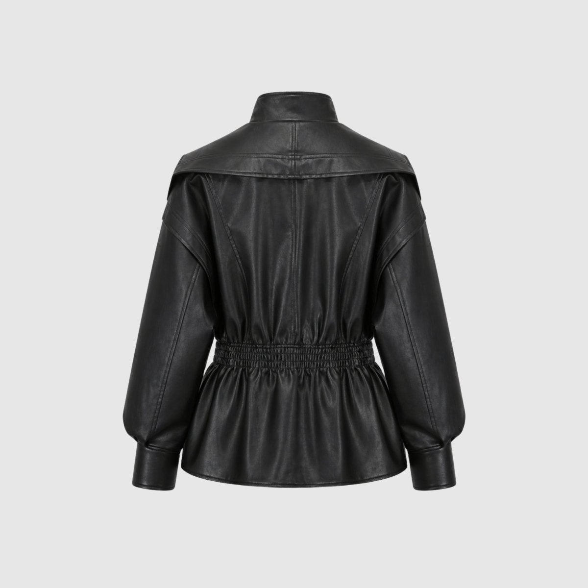Back flat lay view of black vegan leather jacket highlighting the elasticated waistband and wide collar detail.