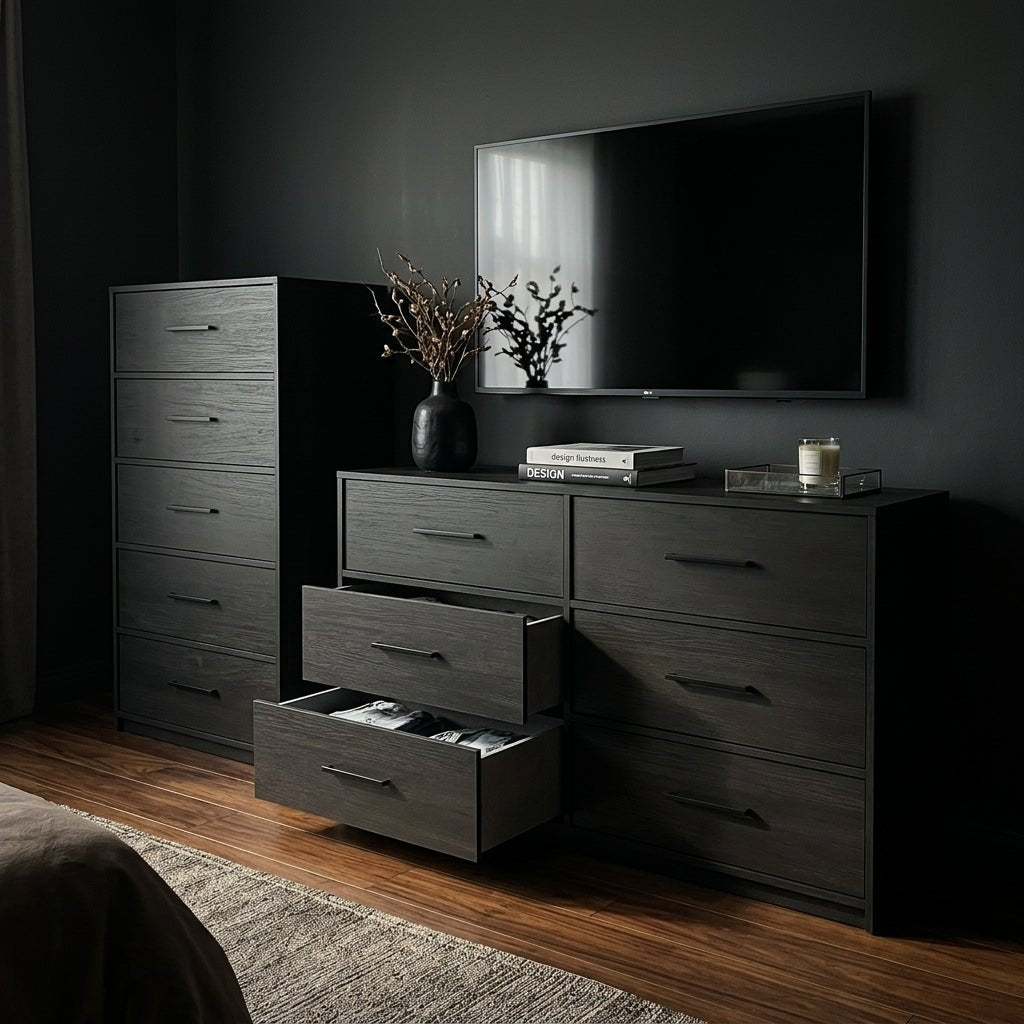 Wide black 6-drawer double dresser used as a dark bedroom TV stand with drawers smoothly pulled open revealing smartly folded clothes.