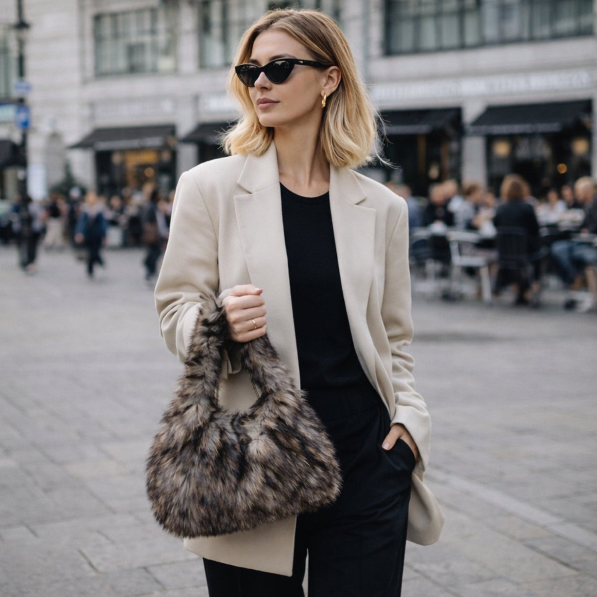 Stylish woman in sunglasses and a beige blazer holding the Kouvr plush grey faux fur tote bag.