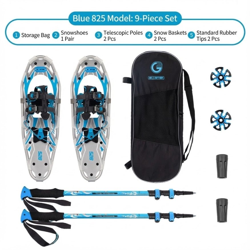 Full Blue 825 model 9-piece adventure set with matching blue trekking poles, snow baskets, and rubber tips.