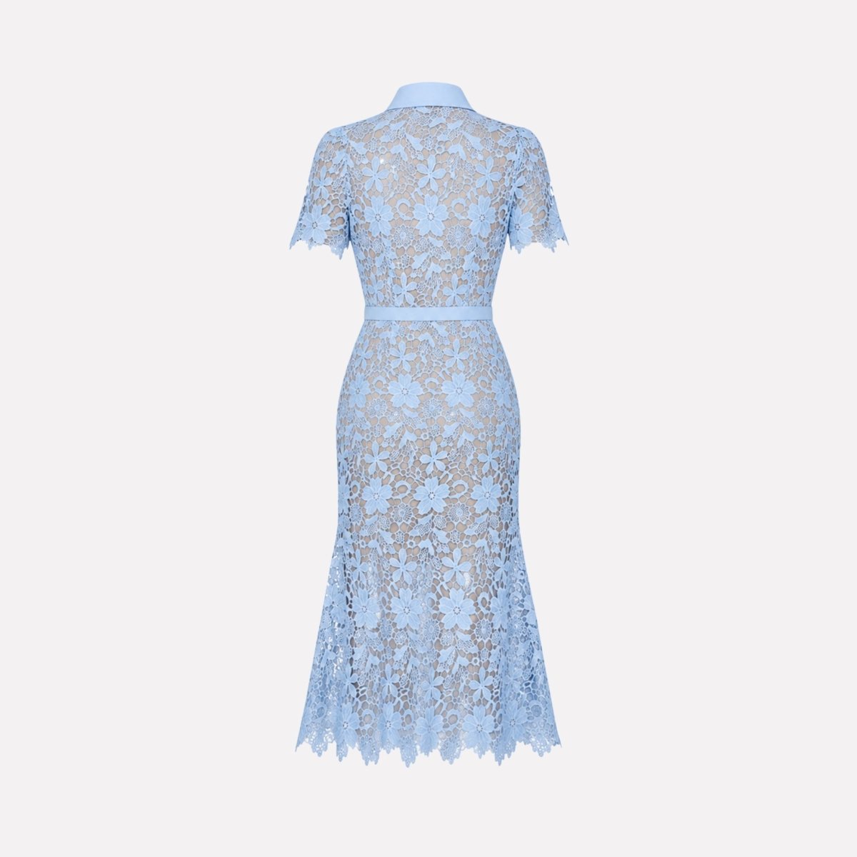 Flat lay back view of light blue floral lace dress with scalloped hem.