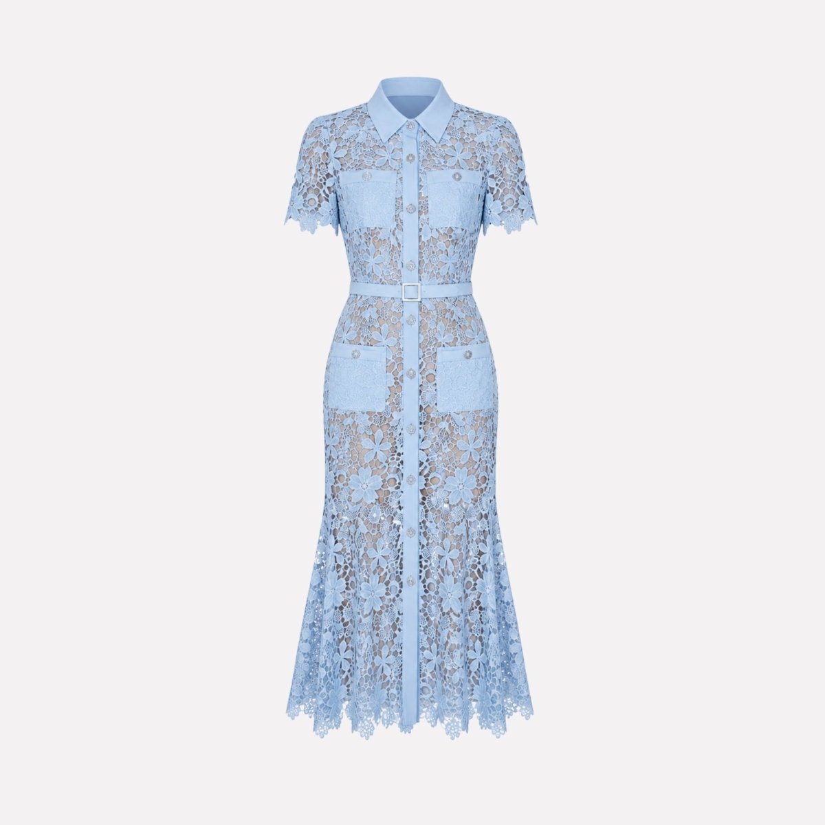 Flat lay front view of blue belted floral lace shirt dress.