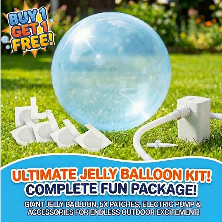 A giant blue jelly balloon ball sitting on the grass next to an included electric air pump and 5 repair patches, labeled as the ultimate fun package.