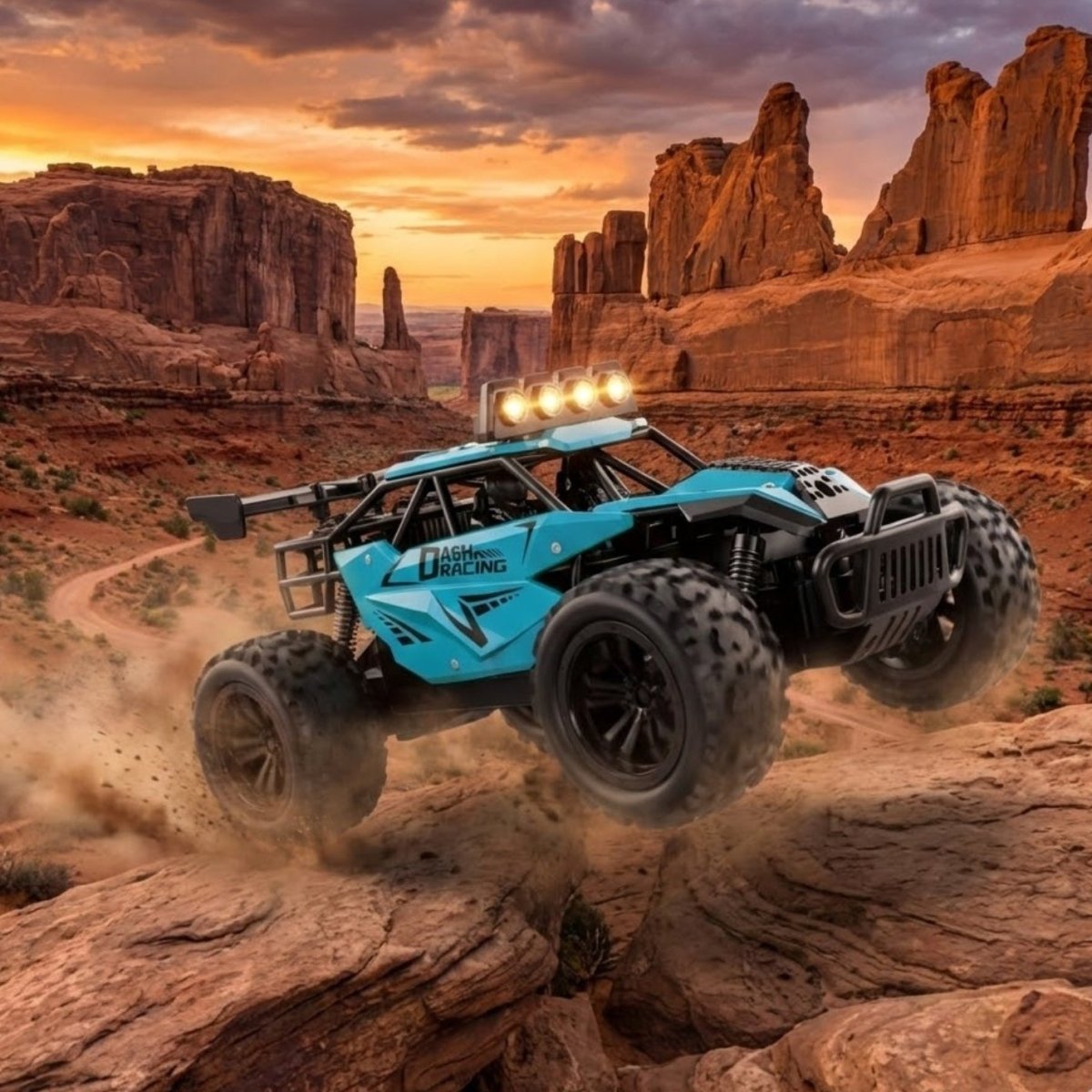 A blue high-speed off-road RC racing buggy captured in mid-air during a jump over a sandy desert landscape.
