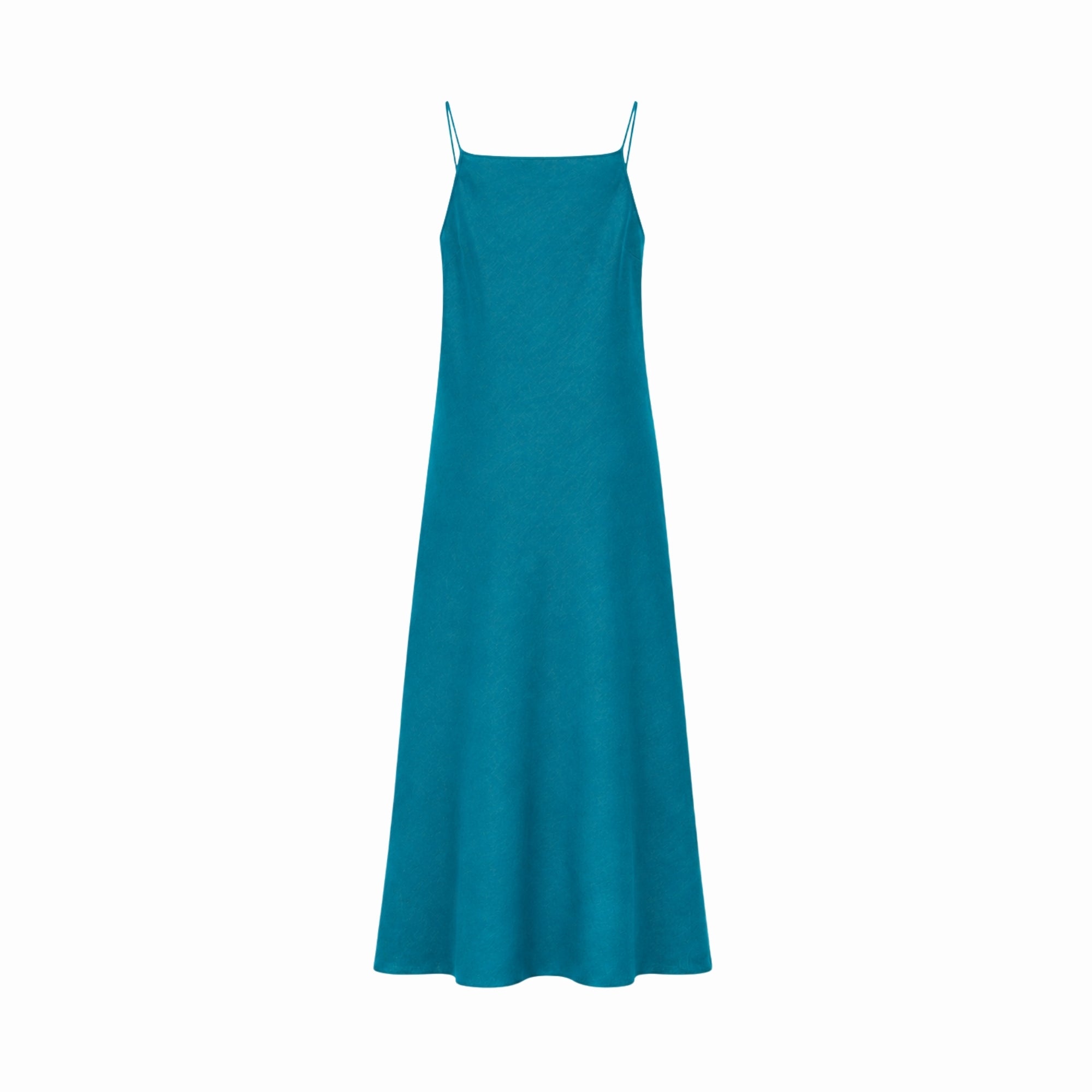 Back view of the solid teal midi slip dress showcasing the fluid a-line skirt silhouette and thin straps.