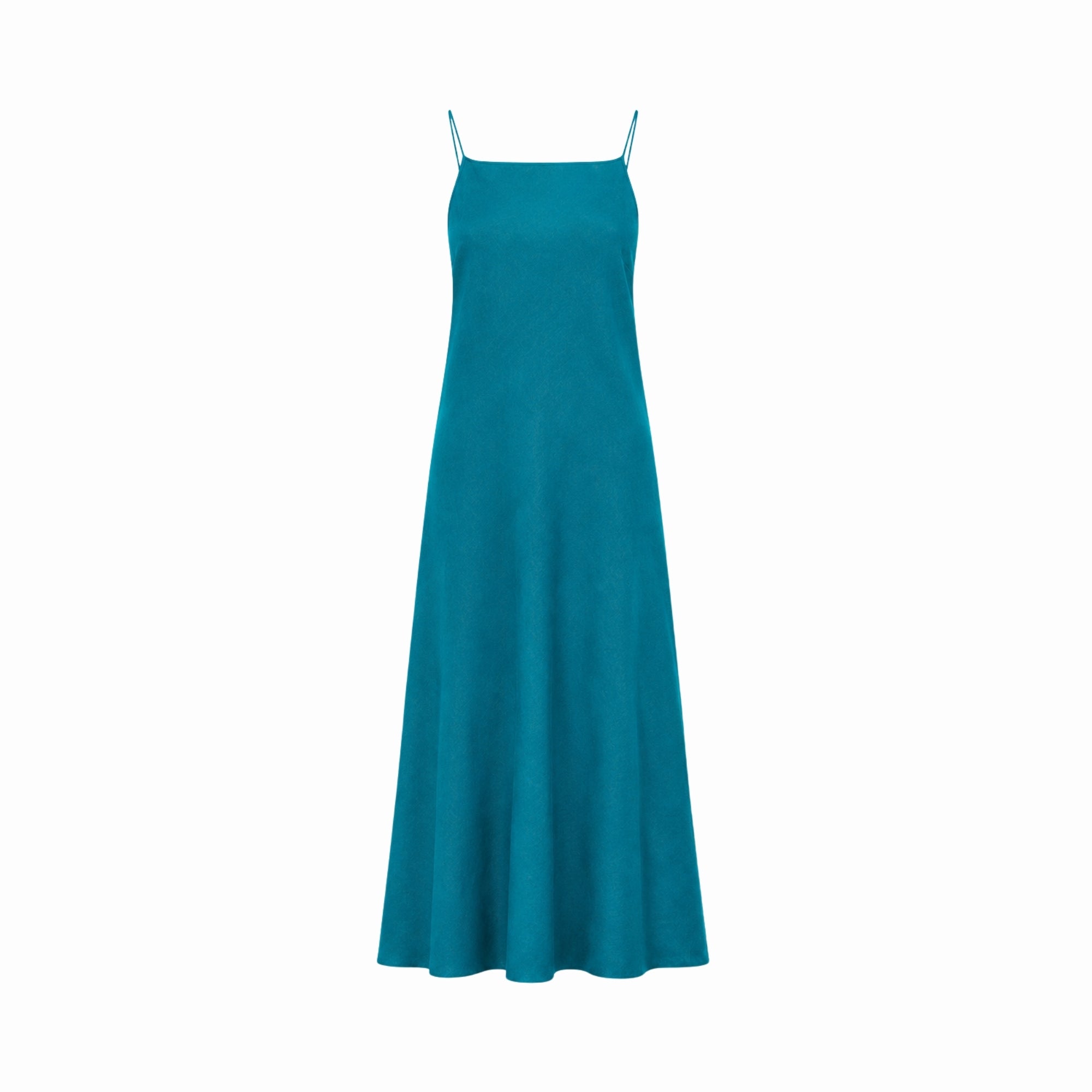 Front view of the teal minimalist midi slip dress on a plain white background highlighting the clean square neck.