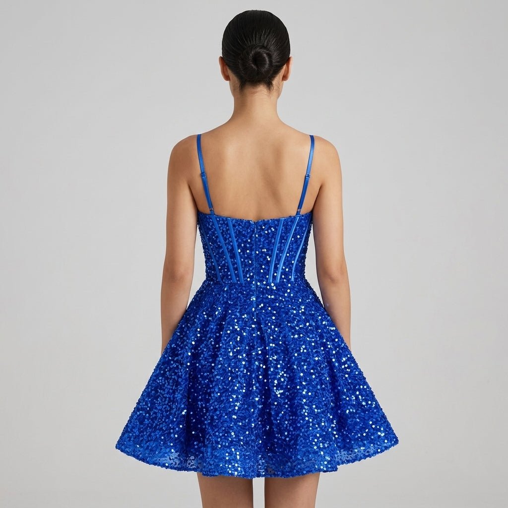 Back view of royal blue sequin skater dress showing hidden zip closure and thin adjustable straps.