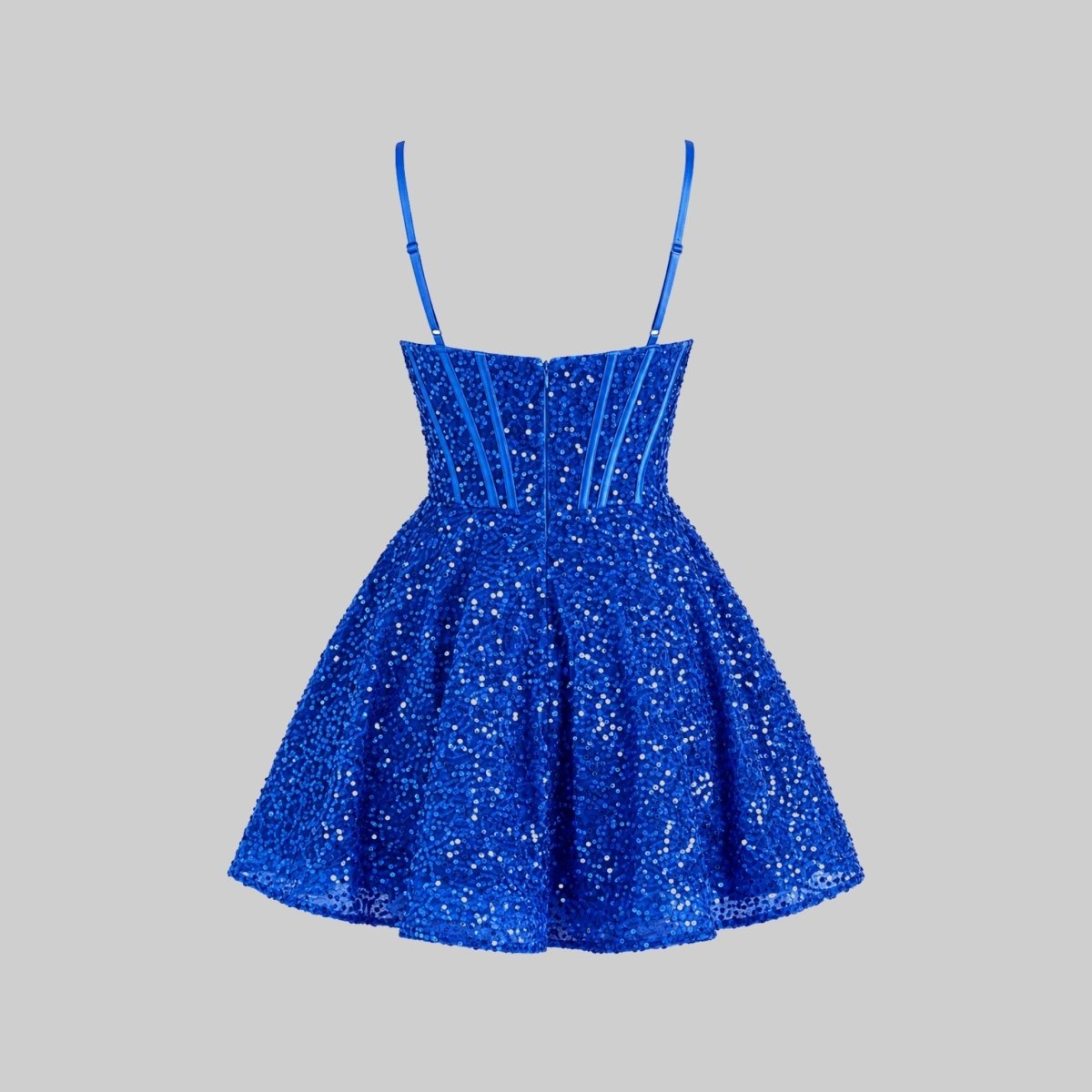 Back flat lay view of blue sequin corset mini dress displaying the low back and zipper detailing.