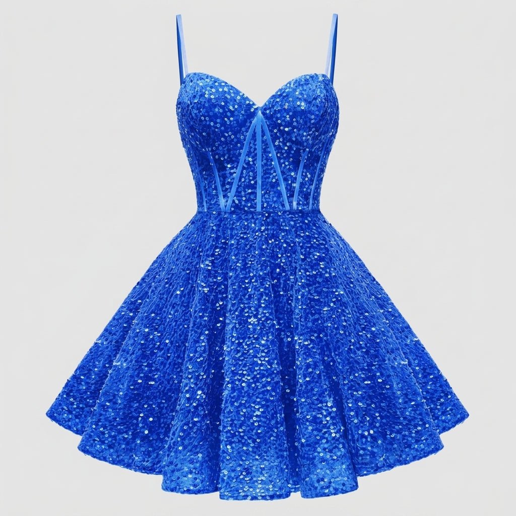 Front flat lay view of blue sequin corset mini dress showcasing the sweetheart bustier design.