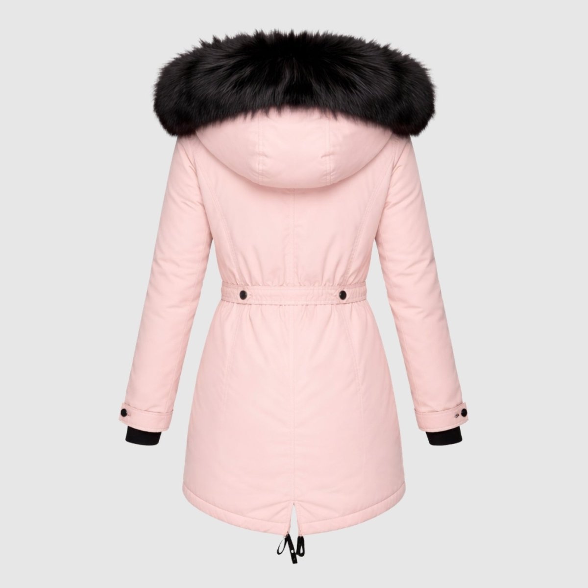 Ghost mannequin back view of the Kouvr blush pink winter coat showing the structured waist and back hem split.