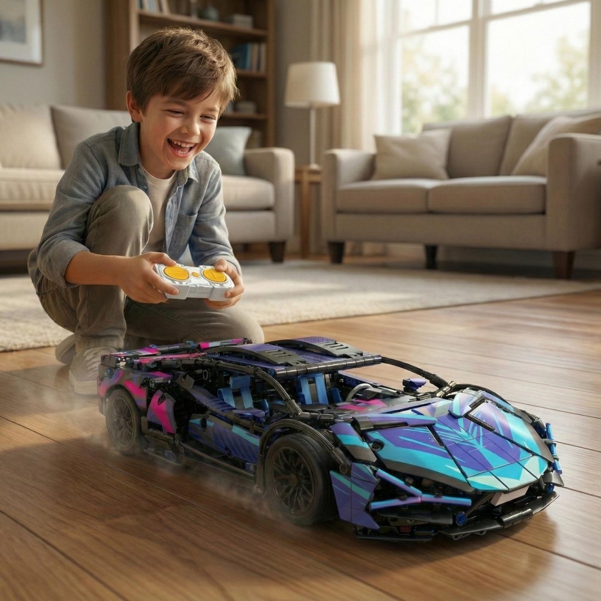 A happy young boy kneels on a wooden floor, enthusiastically driving his assembled Kouvr RC supercar with a remote control.