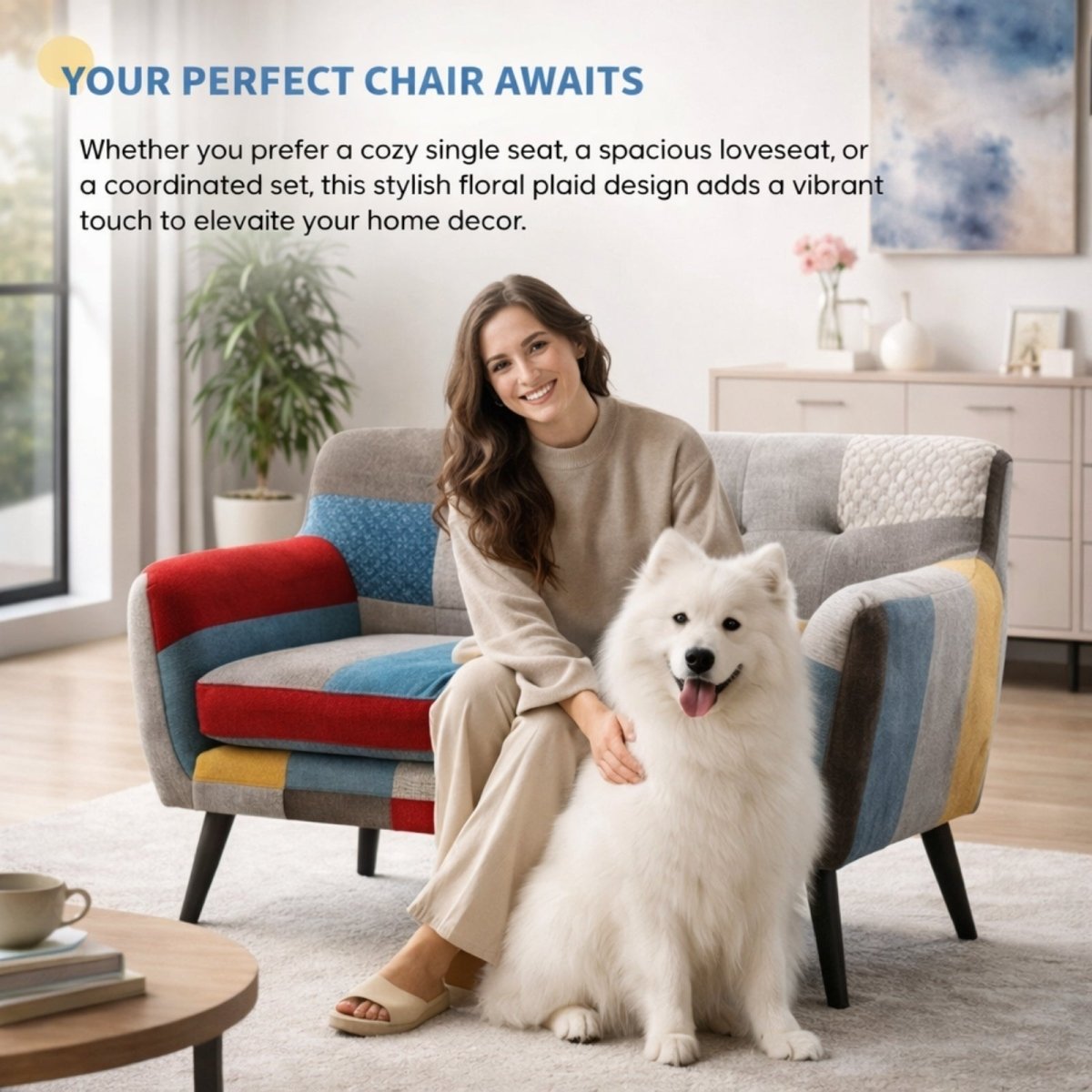 Close-up of breathable linen fabric texture showing intricate floral, plaid, and houndstooth patterns with button tufting details.