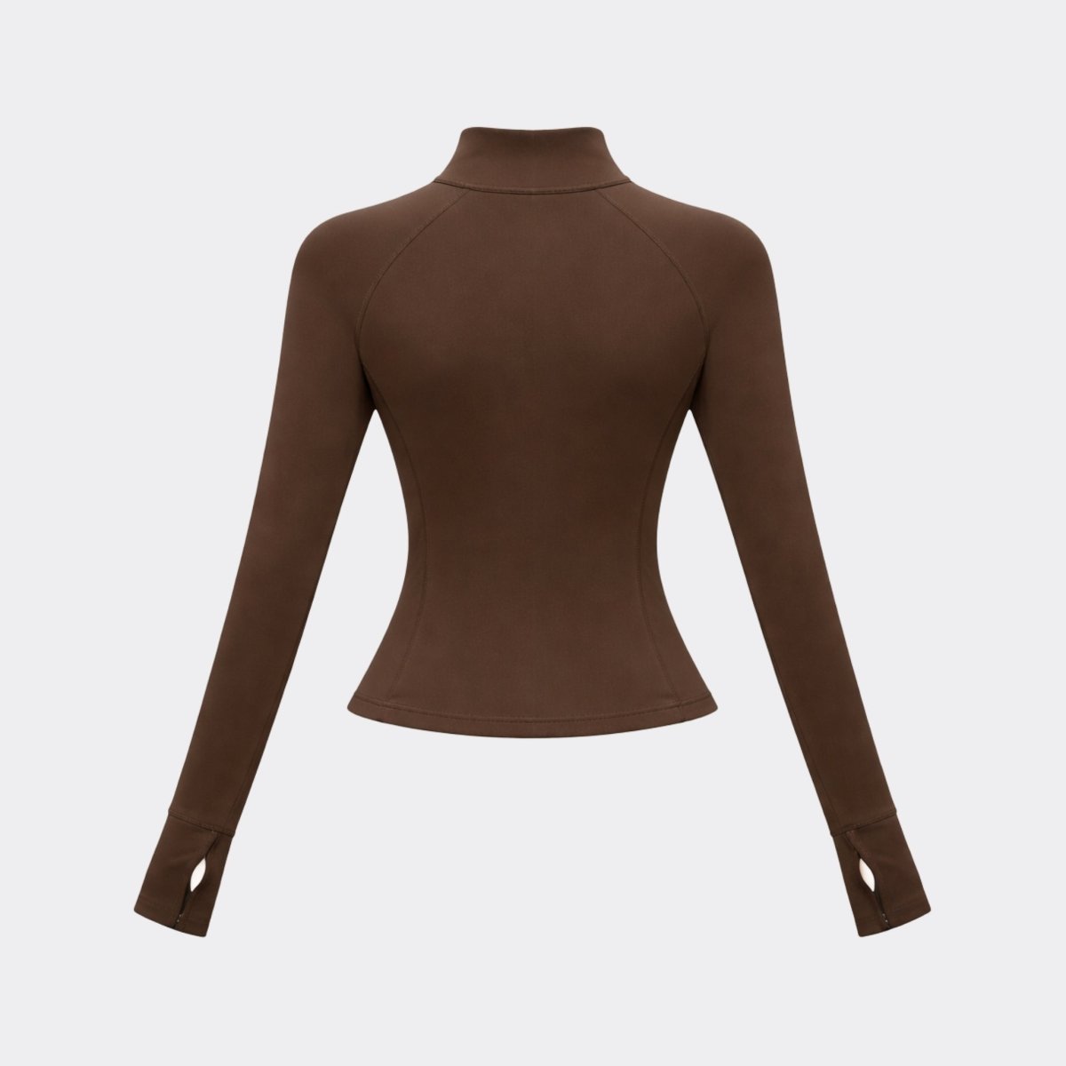 Flat lay back view of brown high neck zip-up sports jacket