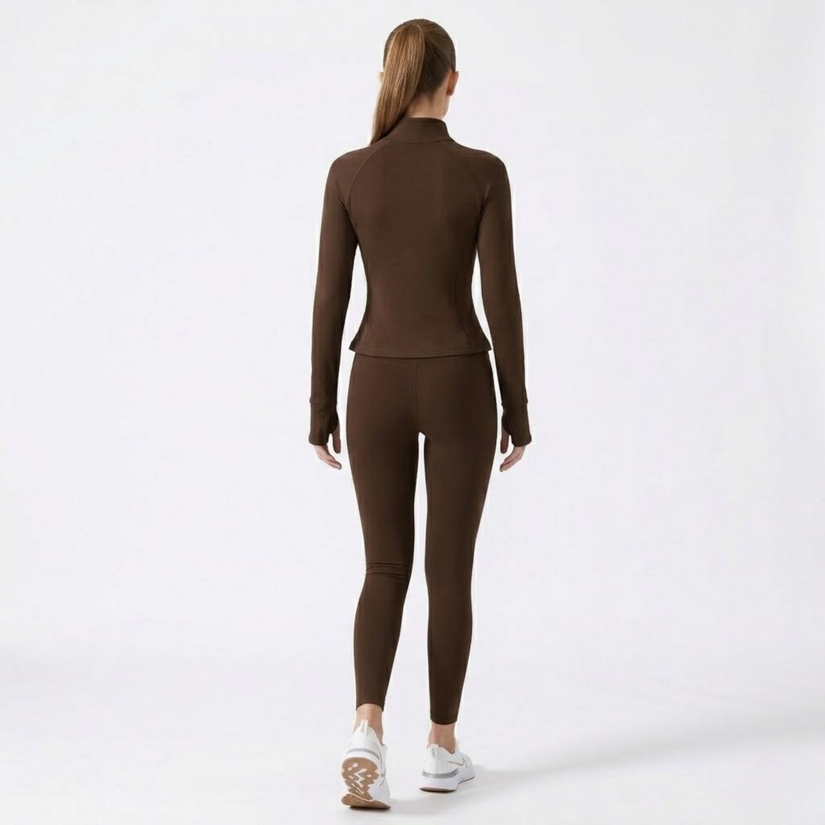 Full body back view of brown athletic zip-up jacket and leggings set