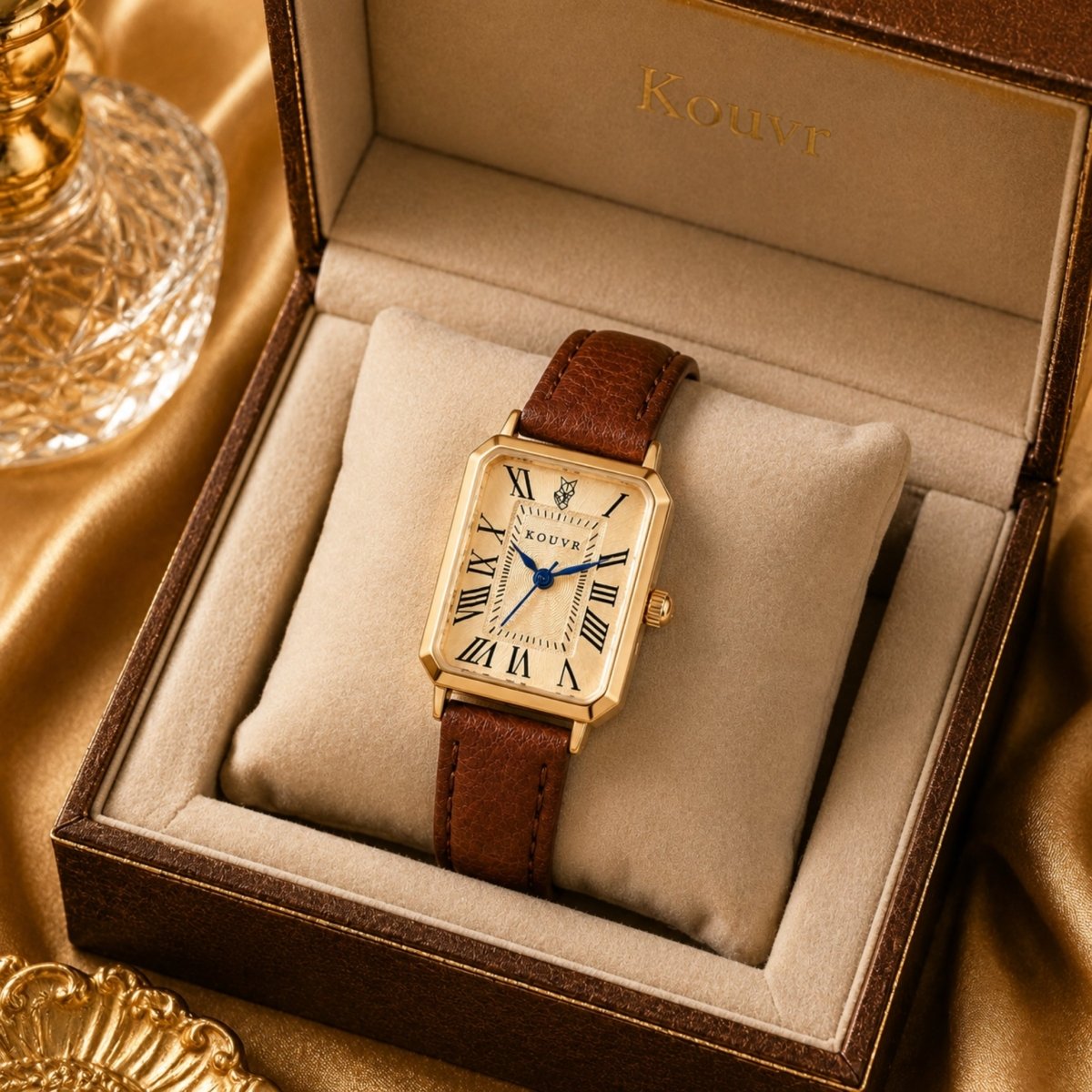 Brown leather rectangular Kouvr watch presented in a premium brown luxury gift box.