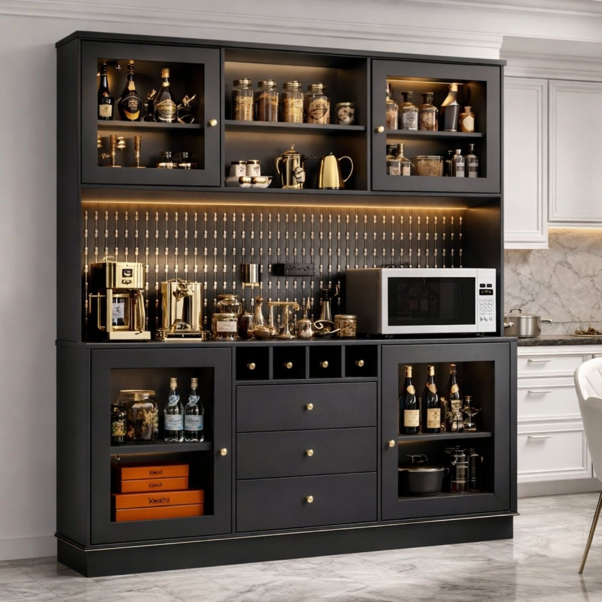 Close-up of the central section of the Kouvr buffet cabinet, highlighting the built-in wine rack, three storage drawers with gold hardware, and the smooth countertop surface.