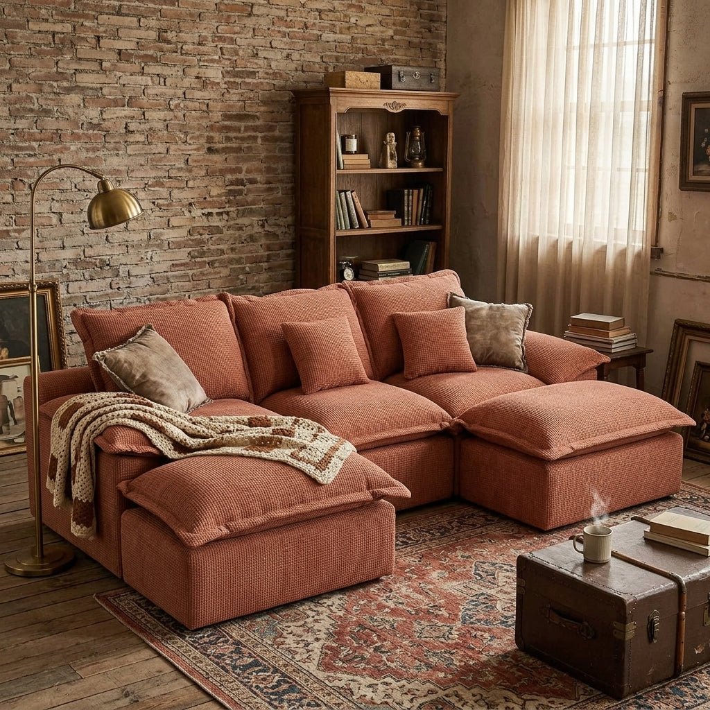 A woman reading on a burnt orange cloud-style modular sofa featuring deep seating and extra-large windows.