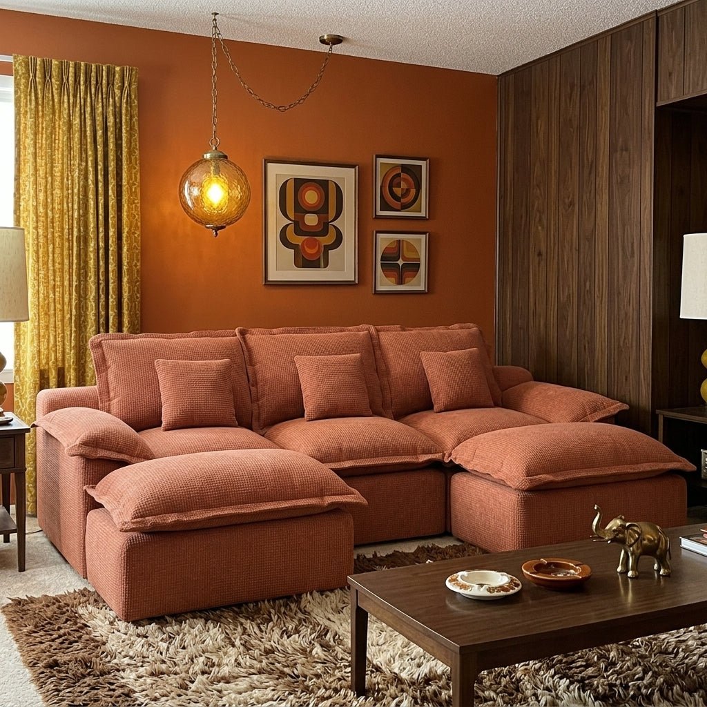 Mid-century modern living room featuring a burnt orange modular sofa, retro wall art, and a shaggy brown rug.