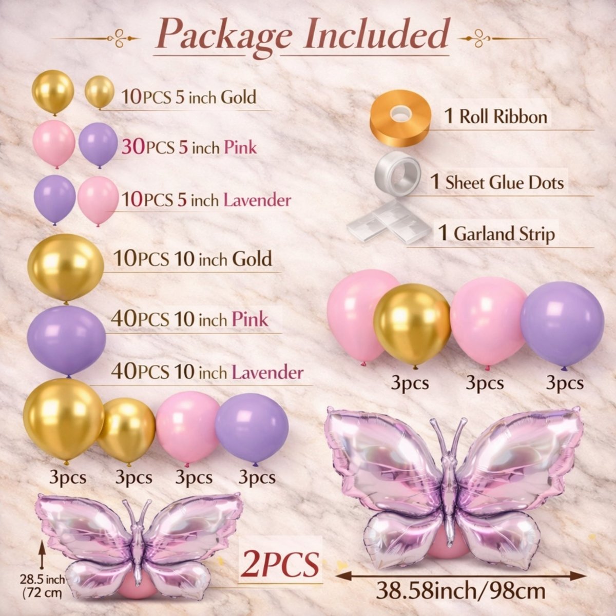 Product inventory chart for the 153-piece butterfly balloon arch kit, listing specific counts of 5-inch, 10-inch, and 12-inch balloons in lavender, gold, and pink, plus assembly tools and two giant butterfly foil balloons.