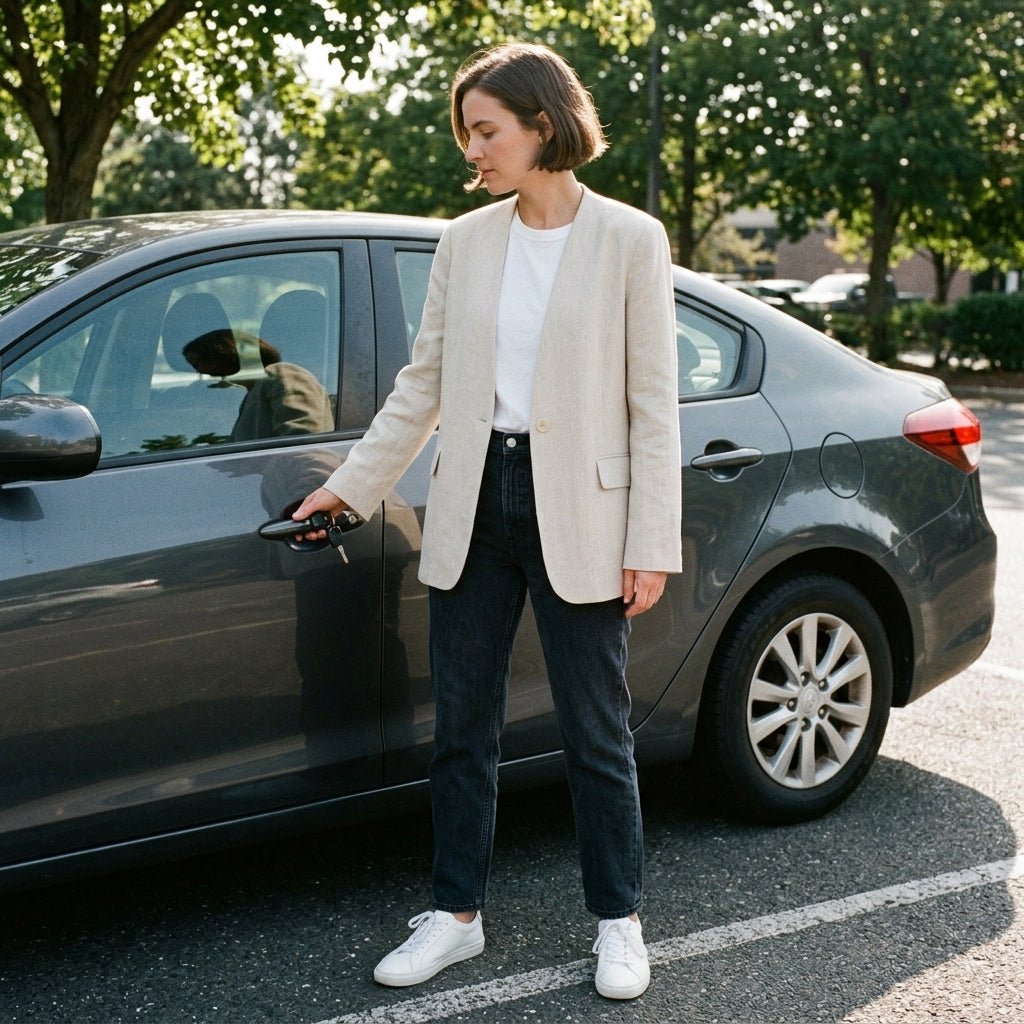 Woman stepping out of a car wearing a casual beige linen blazer styled with dark vintage jeans and white sneakers.