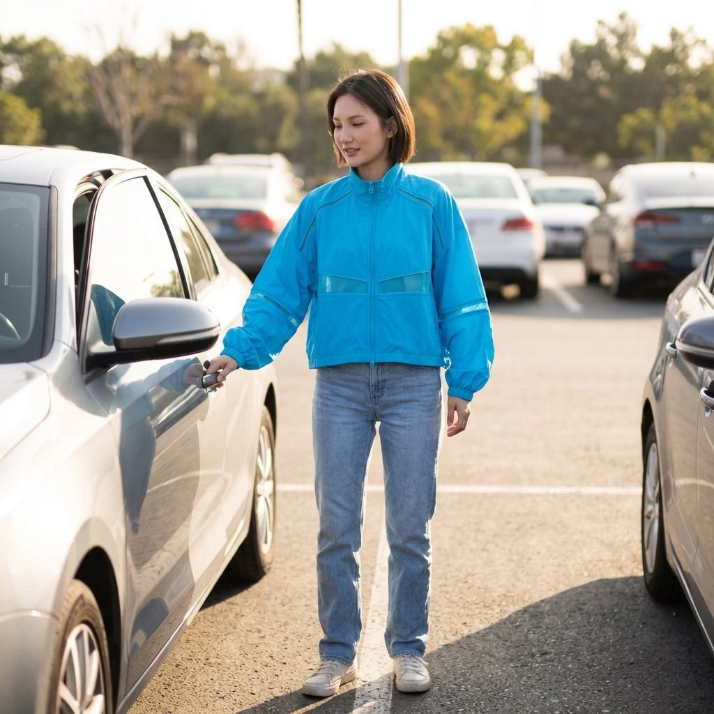 Woman opening car door wearing the Kouvr bright blue mesh panel cropped jacket styled with casual light wash denim.