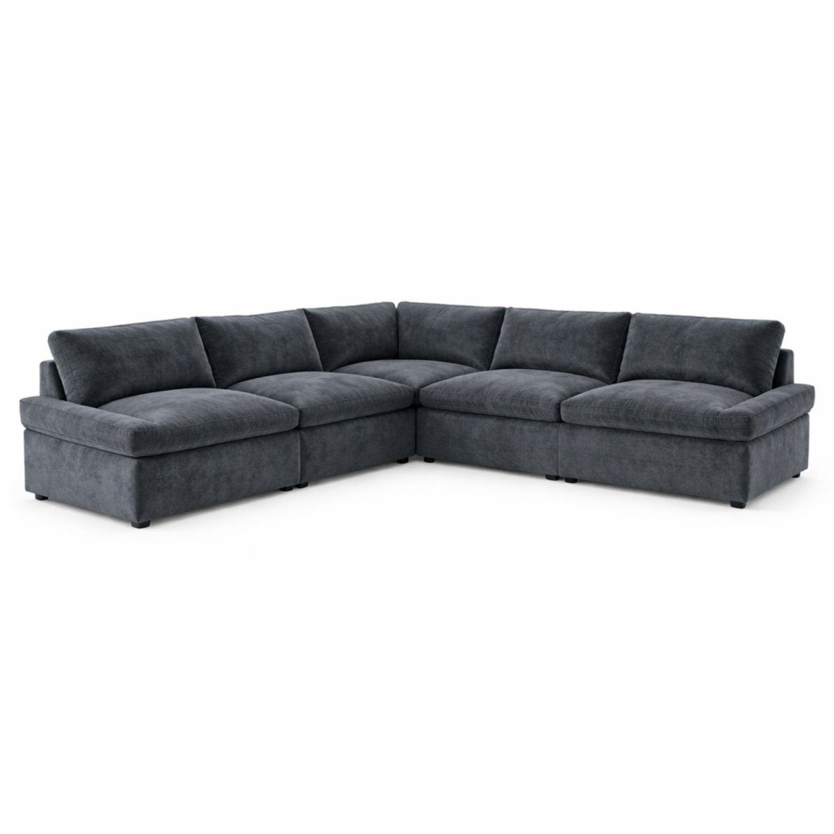 Front view of large charcoal plush fabric corner sectional couch isolated on white