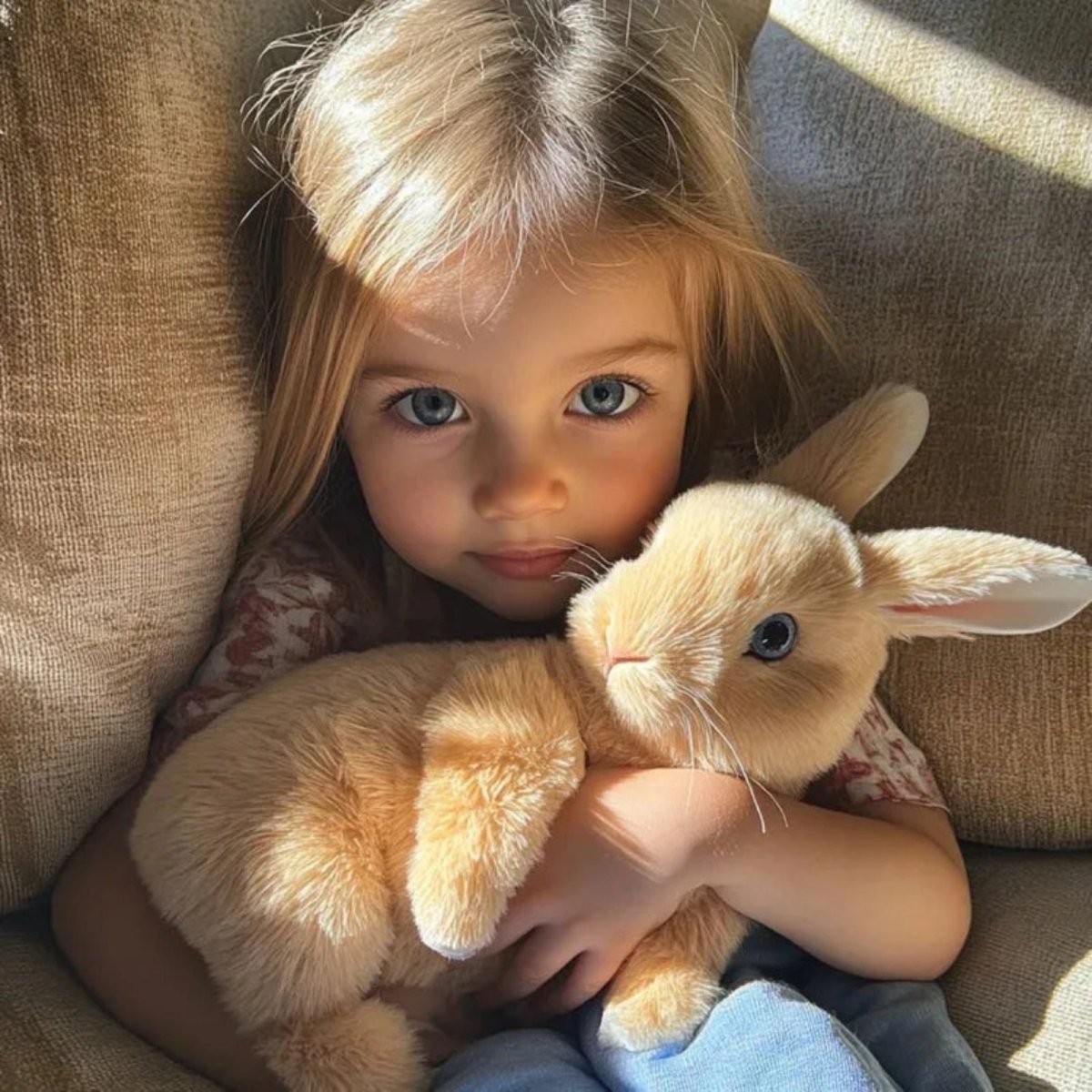 A young girl with blonde hair hugging the soft, cream-colored realistic Bunby plush bunny toy. 