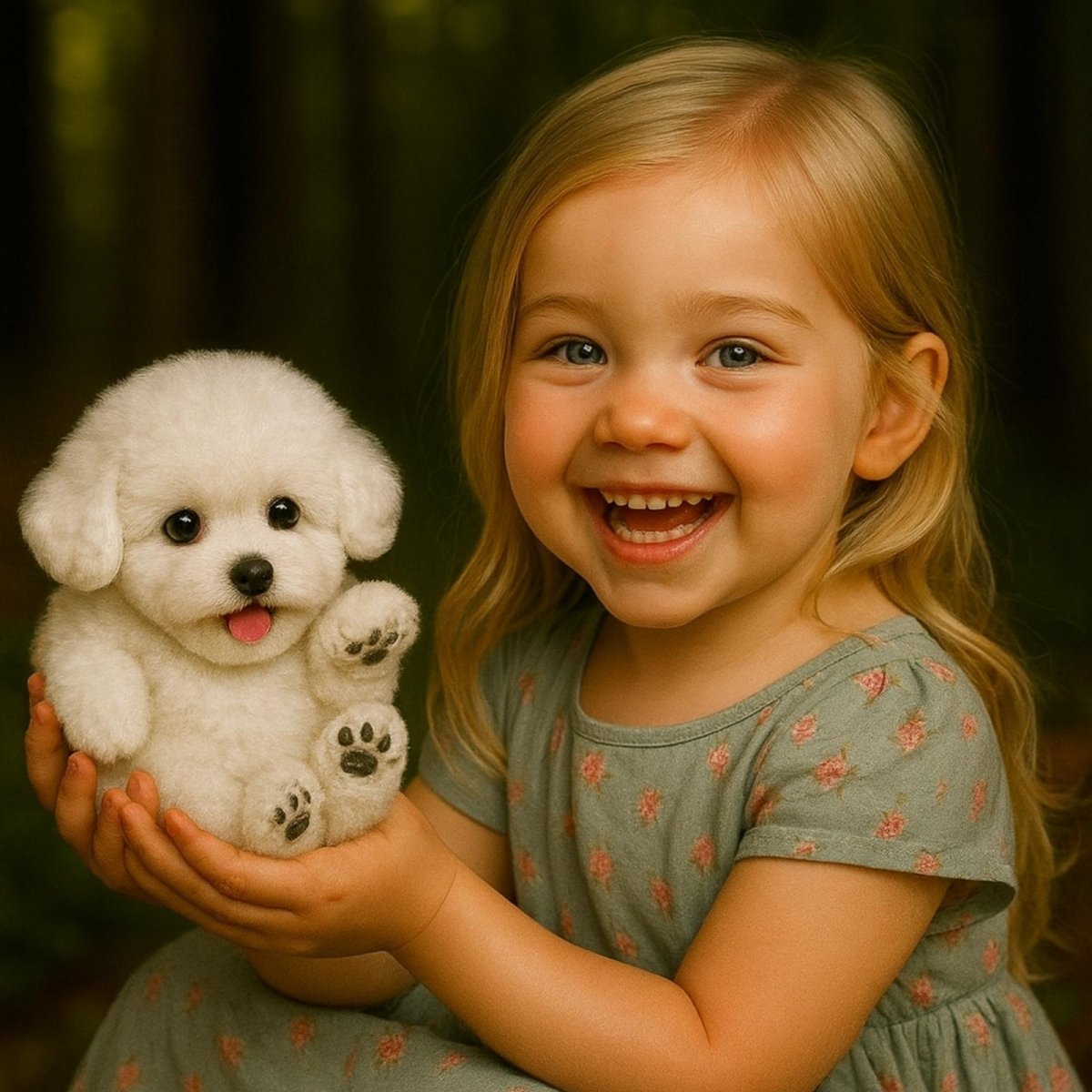 A happy young girl with blonde hair smiling and holding the cute white Kouvr lifelike robot puppy companion toy.
