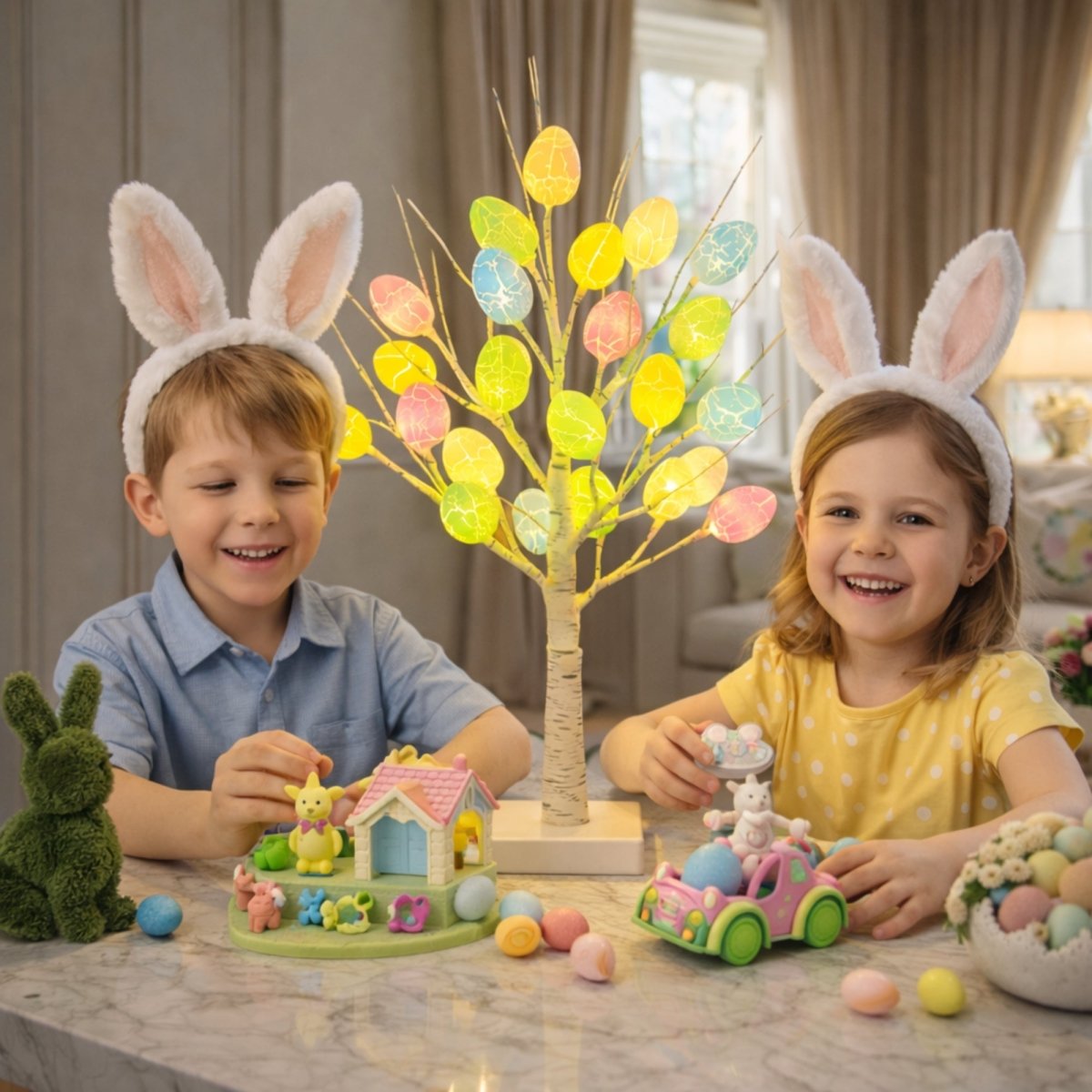A boy and girl play with Easter toys on a table featuring the illuminated Kouvr Easter egg birch tree decoration.