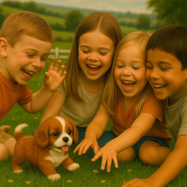 Four happy children laughing and playing together on the grass with the small, brown and white Kouvr animatronic puppy toy.