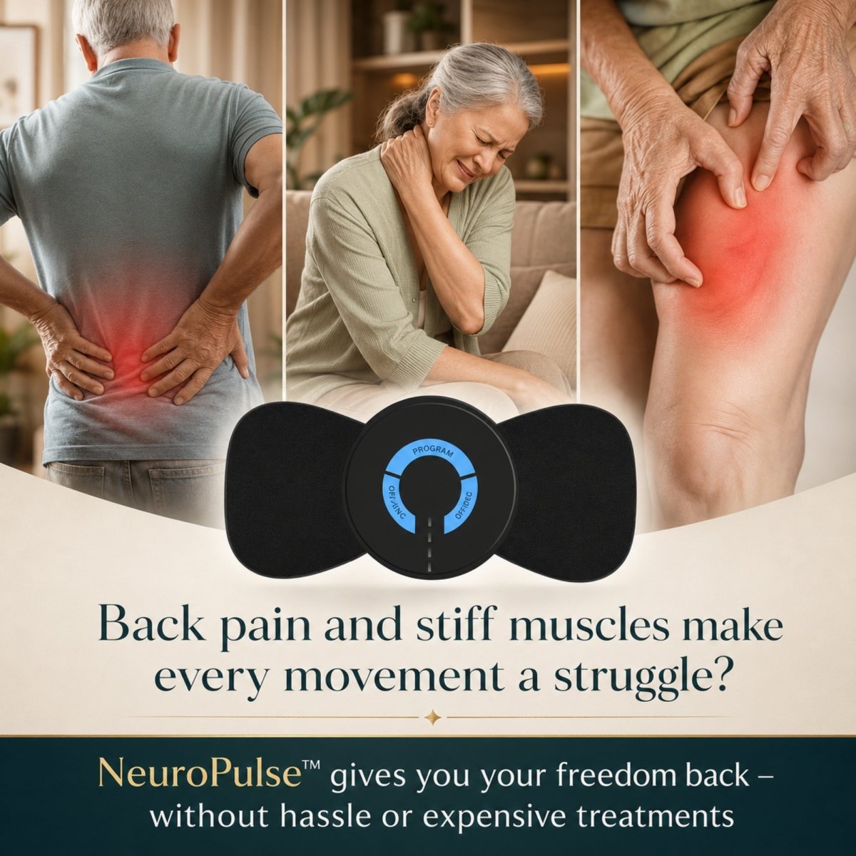 Split view of senior man and woman experiencing severe back, neck, and leg muscle pain before using the NeuroPulse pain relief device.