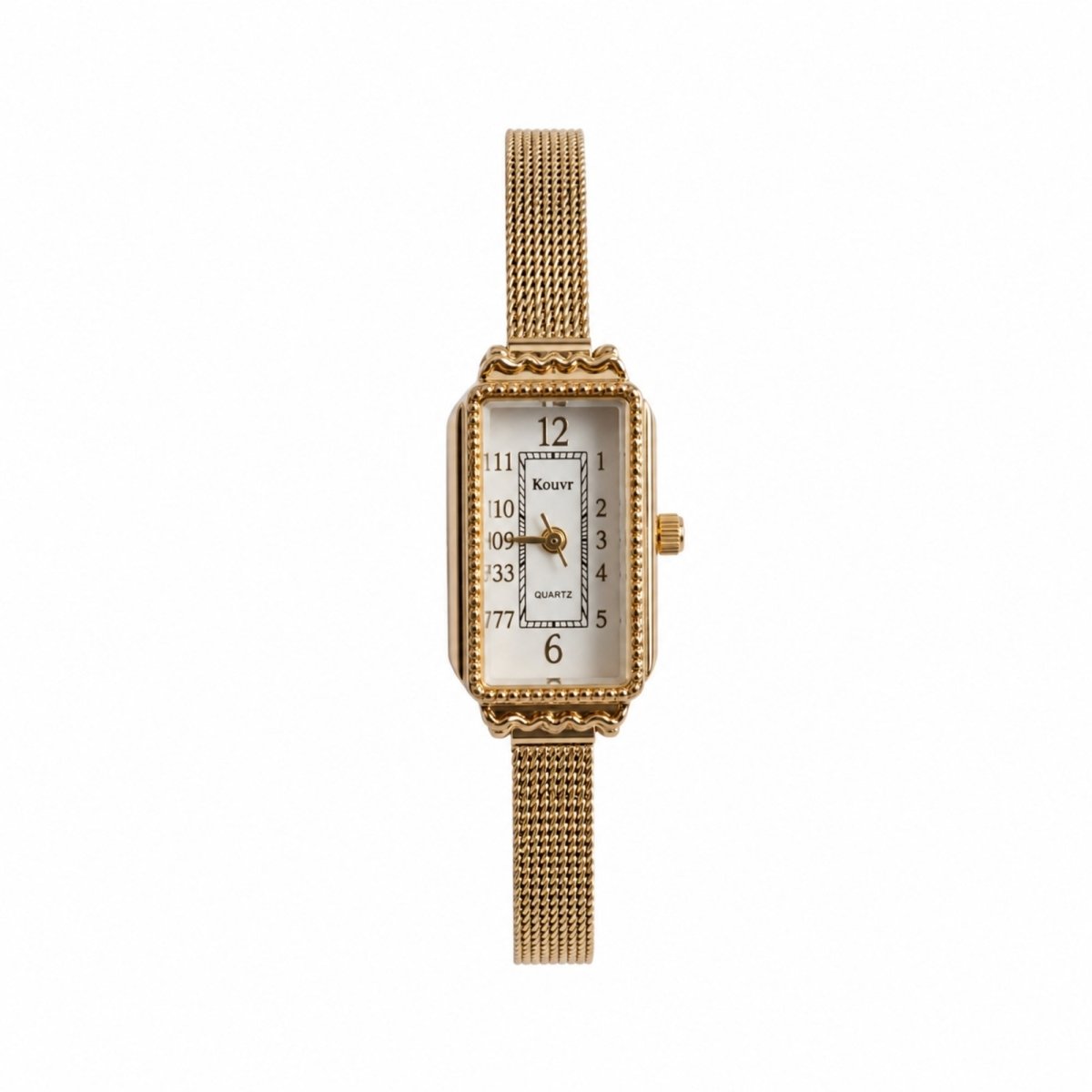 Direct front view of the women's vintage style rectangular gold quartz watch featuring a crisp white dial and woven mesh strap.