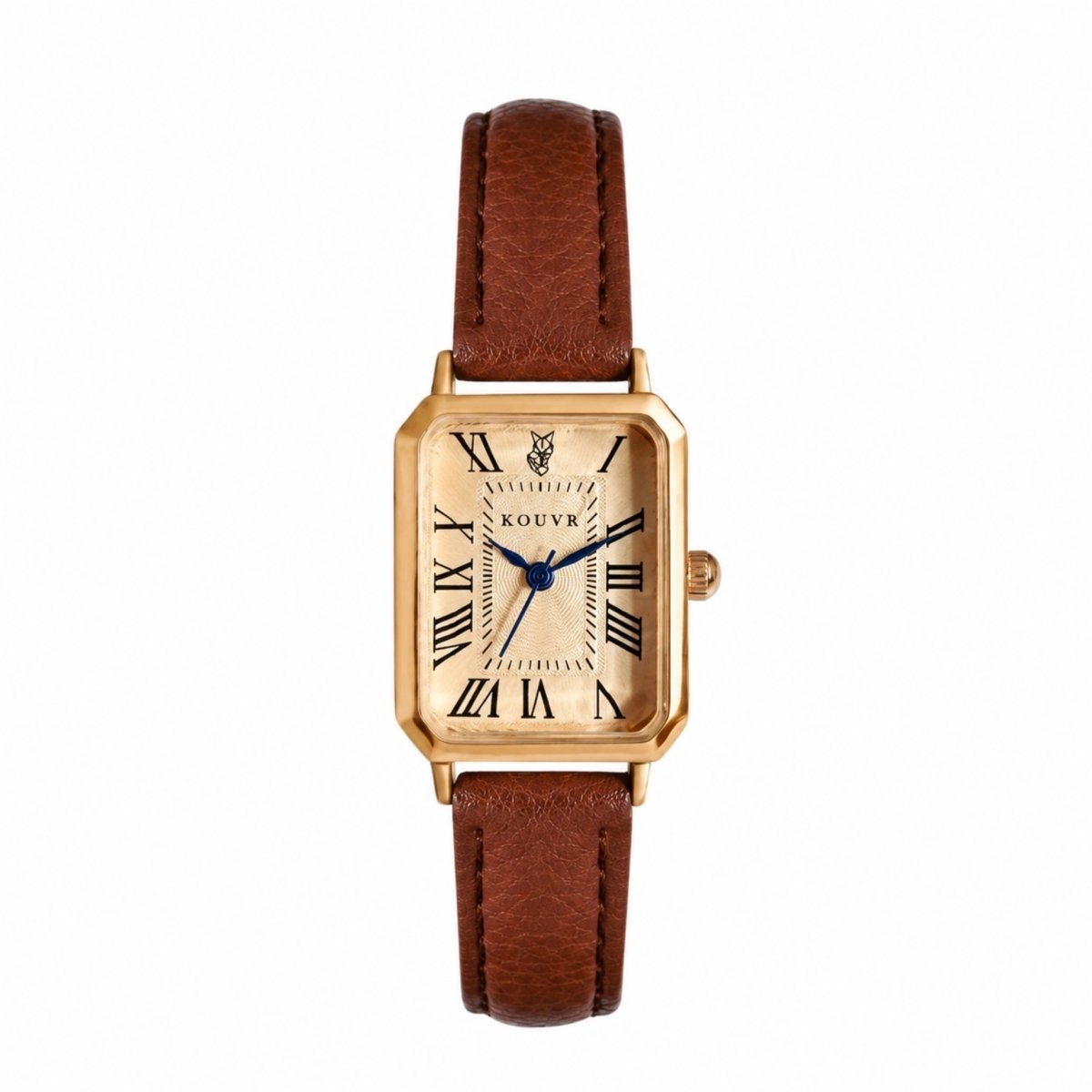 Classic women's gold tank watch featuring a brown leather band and champagne dial.