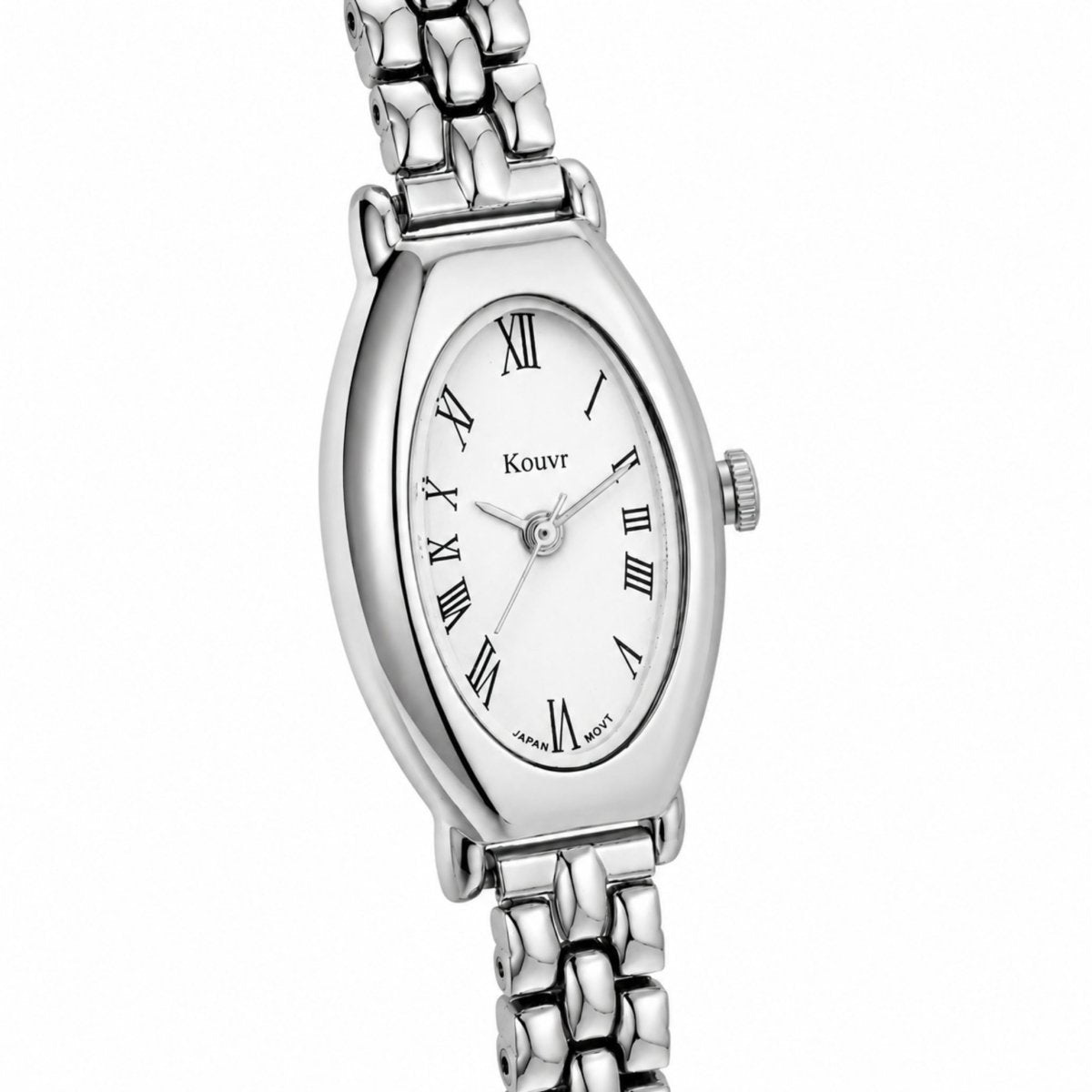 Macro detail shot of the silver Kouvr ladies watch face showing precise Japanese quartz movement and Roman numerals.