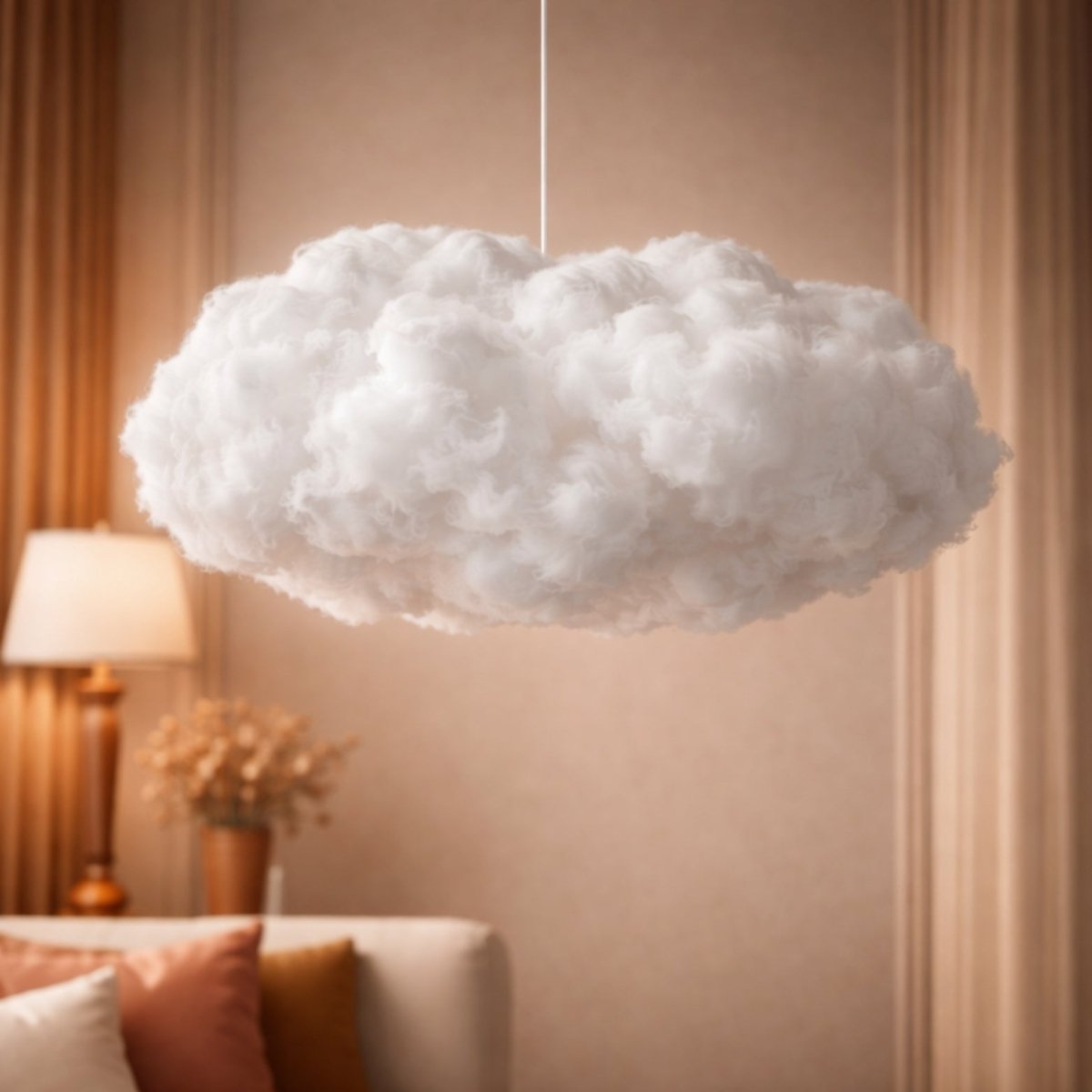 Large hanging cloud lamps suspended at different heights over a modern beige sofa and marble coffee table.