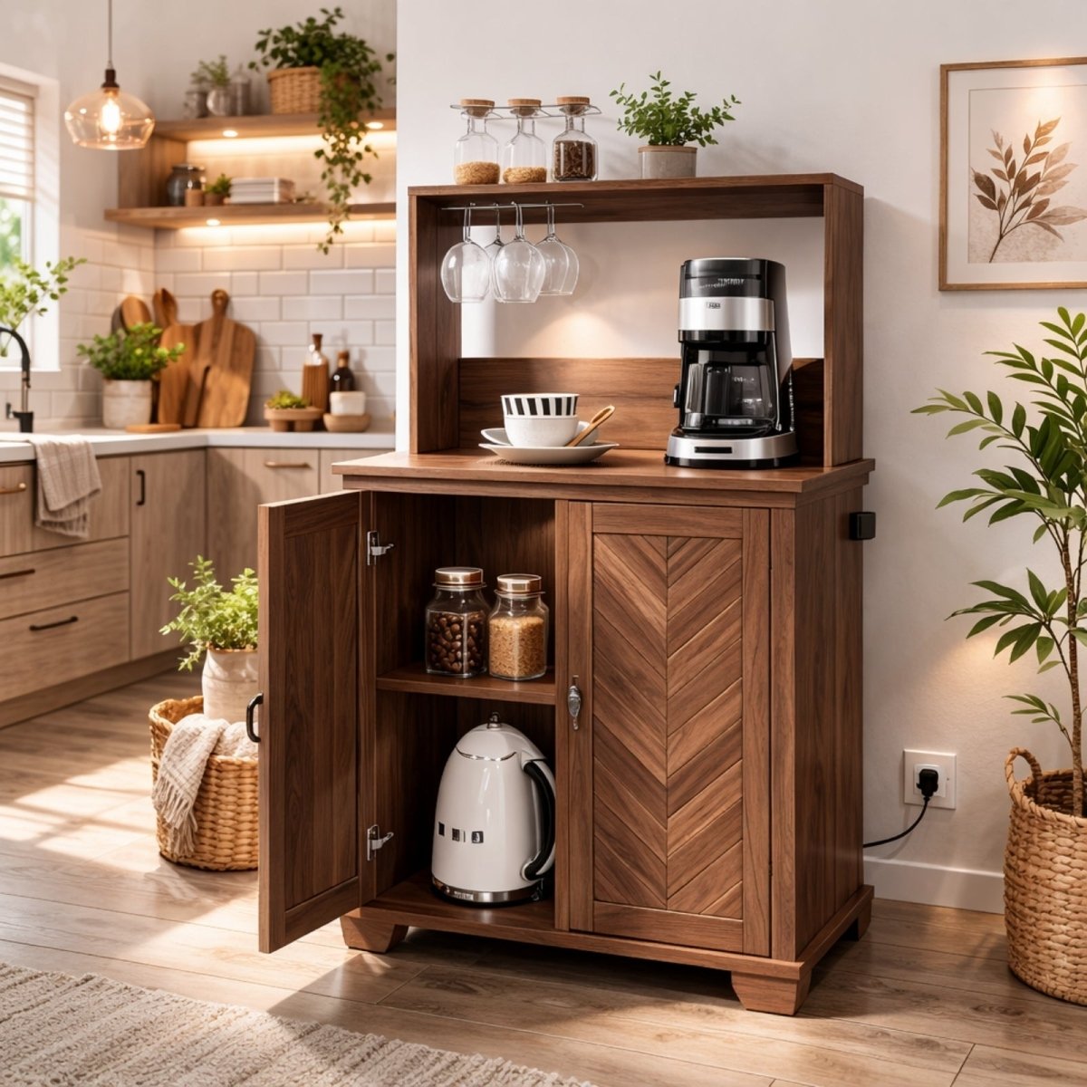 Modern rustic coffee station hutch in a sunlit kitchen setting, showcasing open shelving decor and enclosed storage with kettle inside.