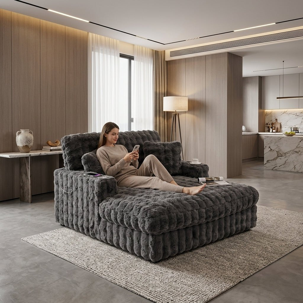 Woman relaxing comfortably and scrolling on her phone while reclining on the spacious dark grey oversized sleeper chair