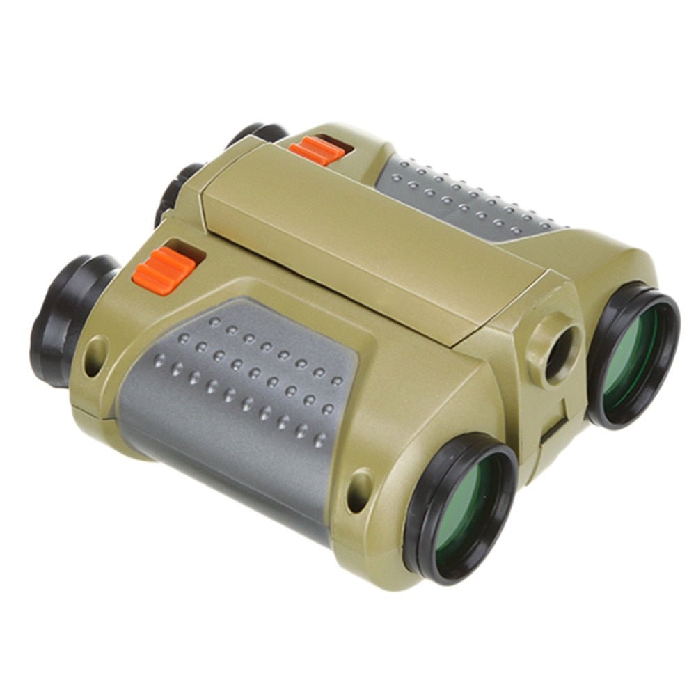 Side view foldable binoculars for children in green and black, showing the focus wheel and orange adjustment buttons for easy travel.