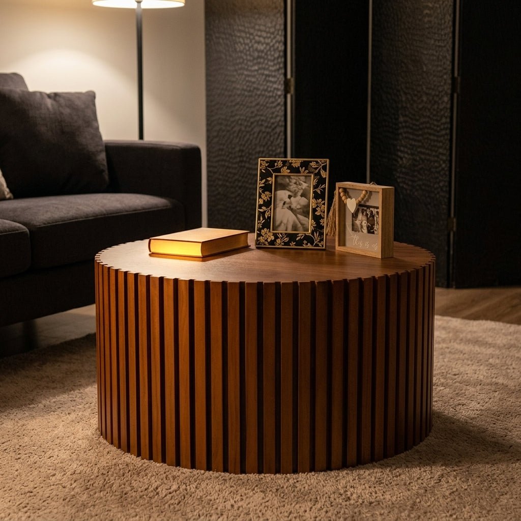 Elegant fluted walnut coffee table illuminated by warm evening lighting, elegantly styled with books and picture frames.