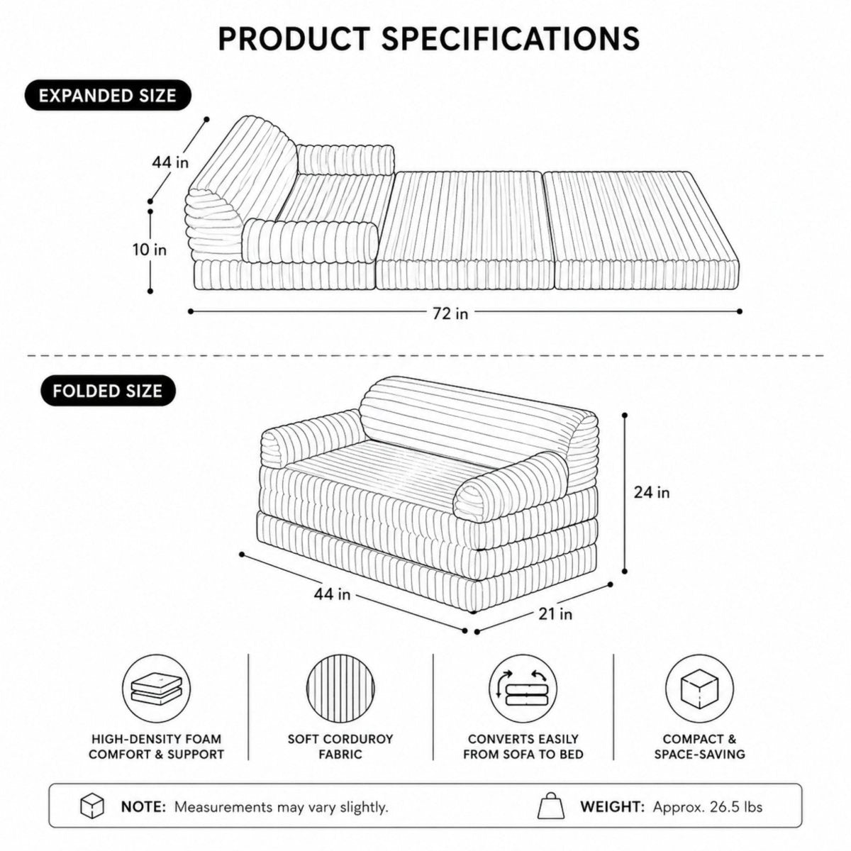Product specifications graphic showing the folded 44 by 24 inch and expanded 44 by 72 inch dimensions of the Kouvr floor sofa bed.