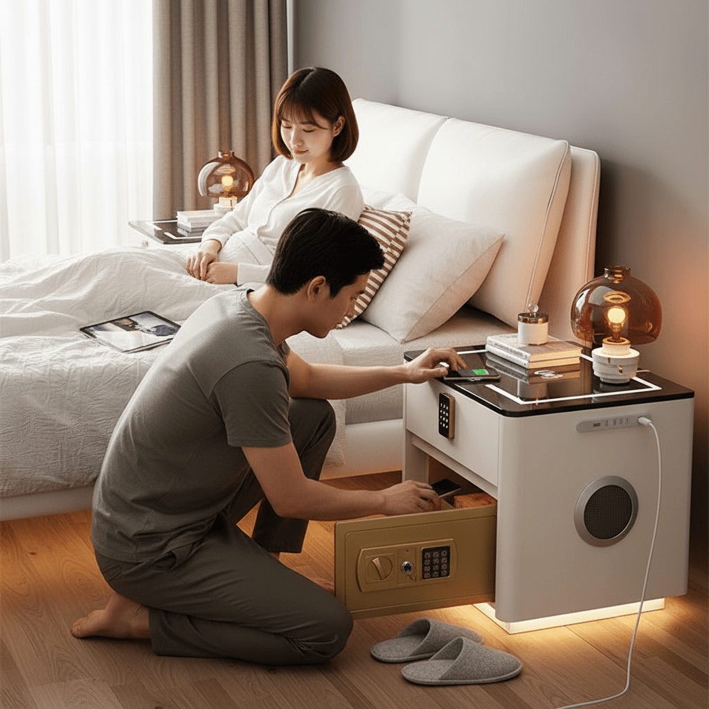 Couple in a modern bedroom using a Kouvr smart nightstand, man reaching into the open gold safe while woman relaxes in bed with a tablet.
