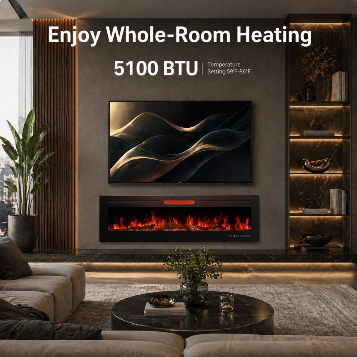 Couple and their dog relaxing in a warm cozy living room heated by the 1500W Kouvr wall-mounted electric fireplace