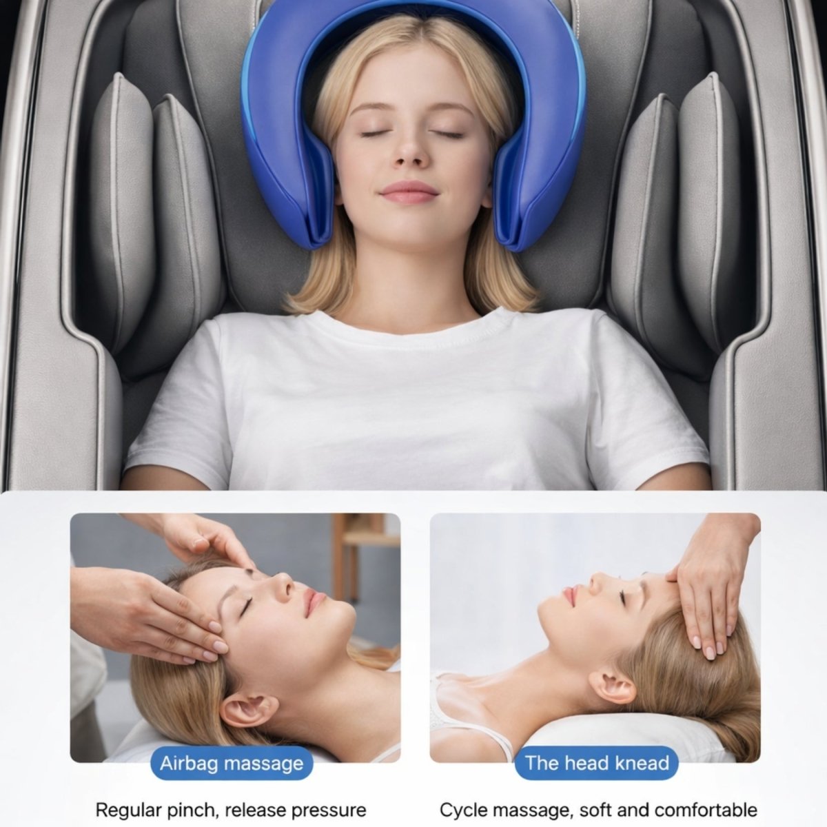 Woman with eyes closed experiencing the halo cranial airbag head massage feature for migraine and tension headache relief.