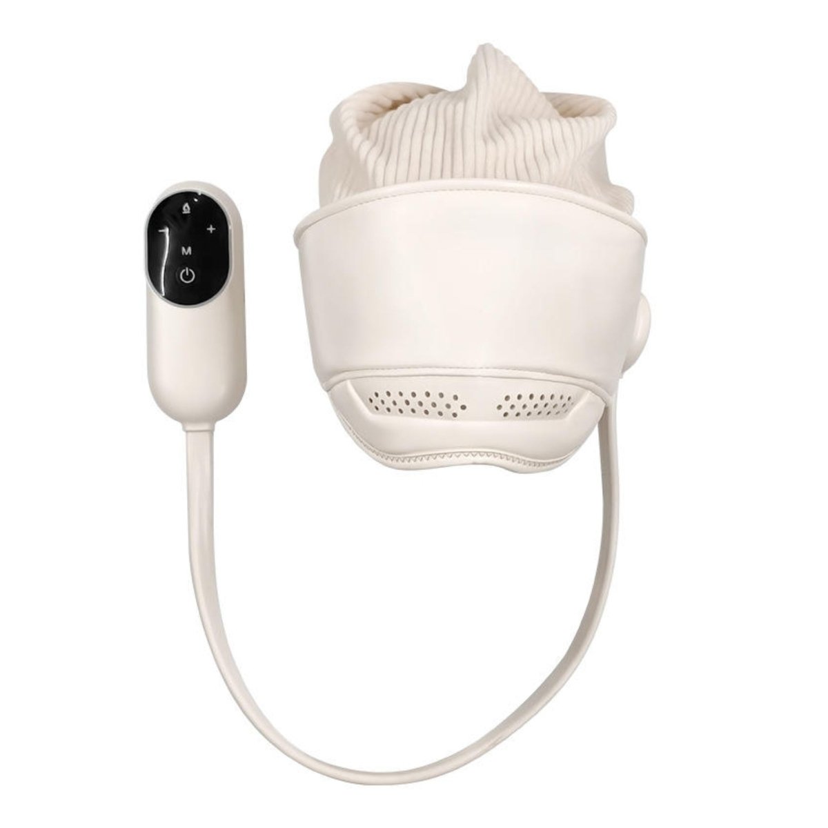 Studio product shot of the cream-colored luxury head massager device with its plush ribbed fabric top and sleek white handheld remote control isolated on a plain background.