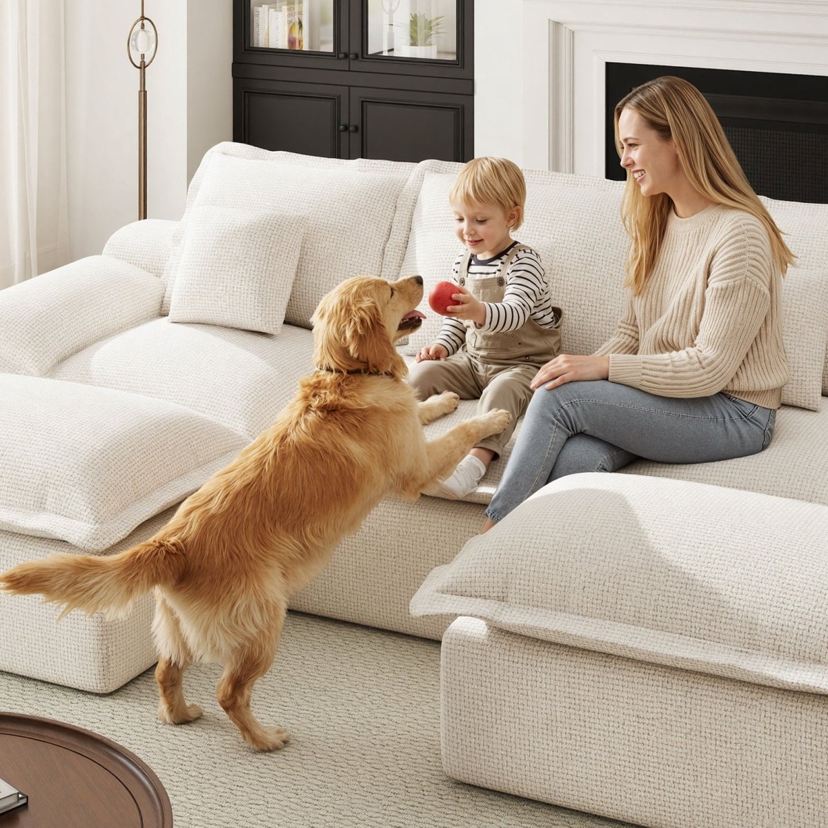A mother and young child playing with a golden retriever on a durable cream modular couch with cloud-like cushions.
