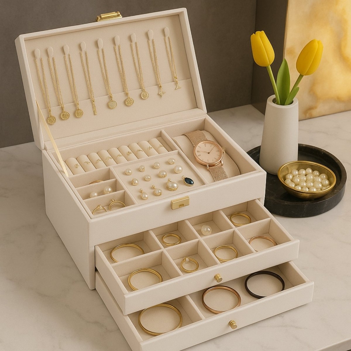 Cream white 3-tier jewelry case open on a vanity, displaying velvet compartments for rings, bracelets, and necklaces.