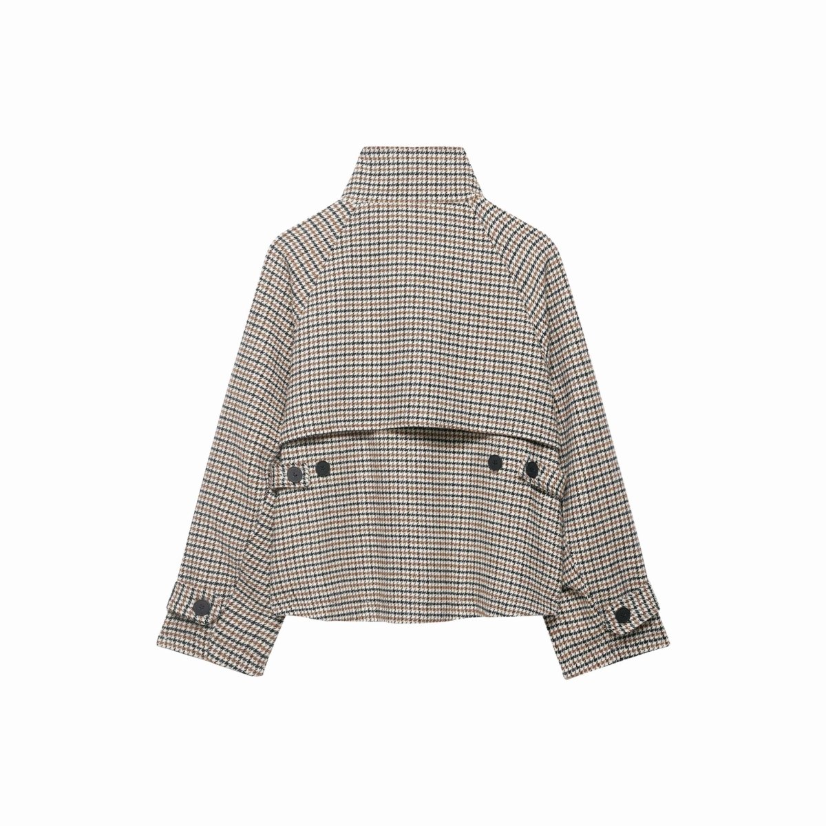 Ghost mannequin back view of a brown and black plaid cropped outerwear jacket displaying the storm flap and boxy silhouette.