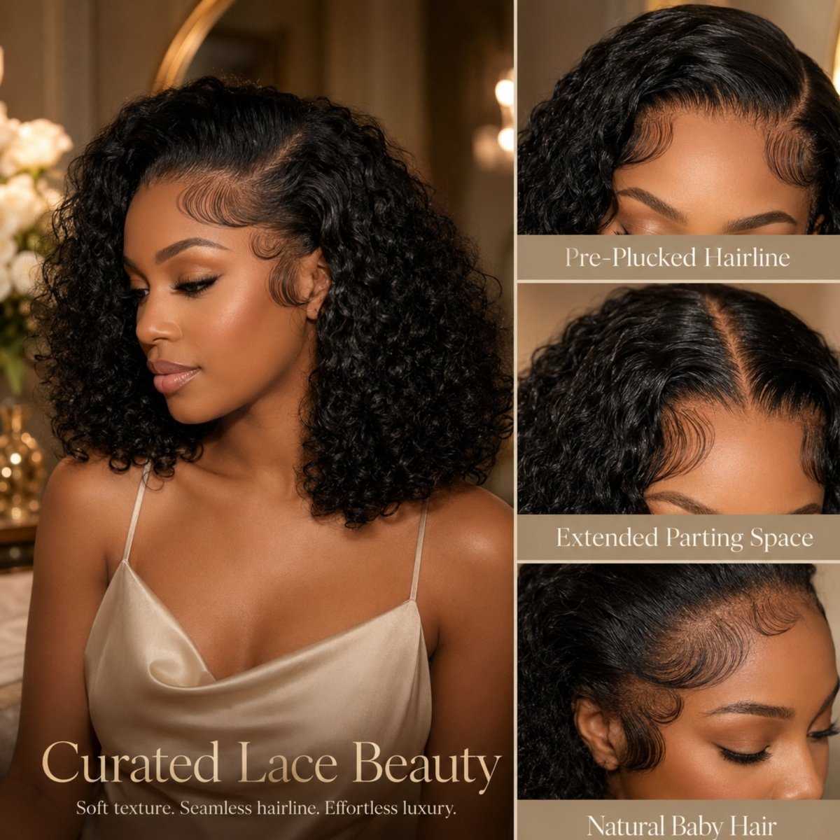 High-definition close-up graphics showcasing the seamless pre-plucked hairline and extended parting space textures.